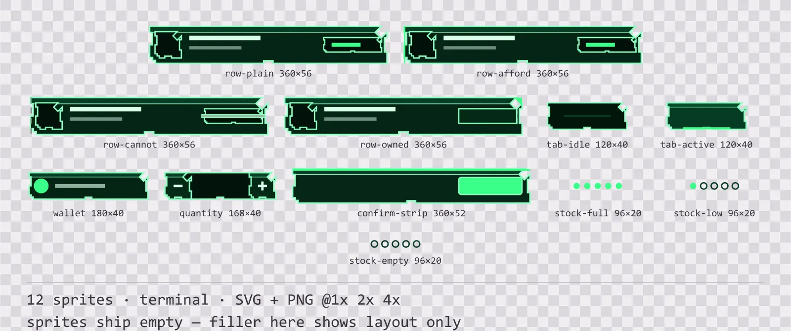Sheet showing 12 terminal shop and economy widgets from the Greenscreen family, arranged on a transparency checkerboard with their pixel sizes printed underneath