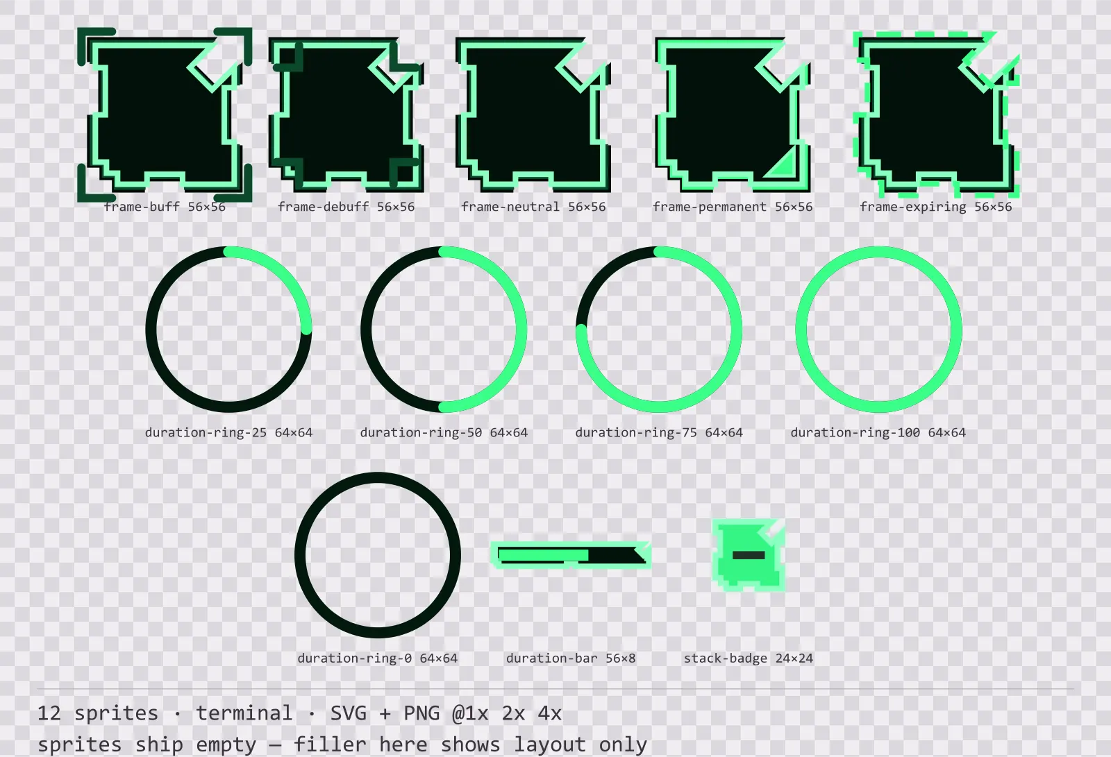 Sheet showing 12 terminal status effect frames and duration indicators from the Greenscreen family, arranged on a transparency checkerboard with their pixel sizes printed underneath