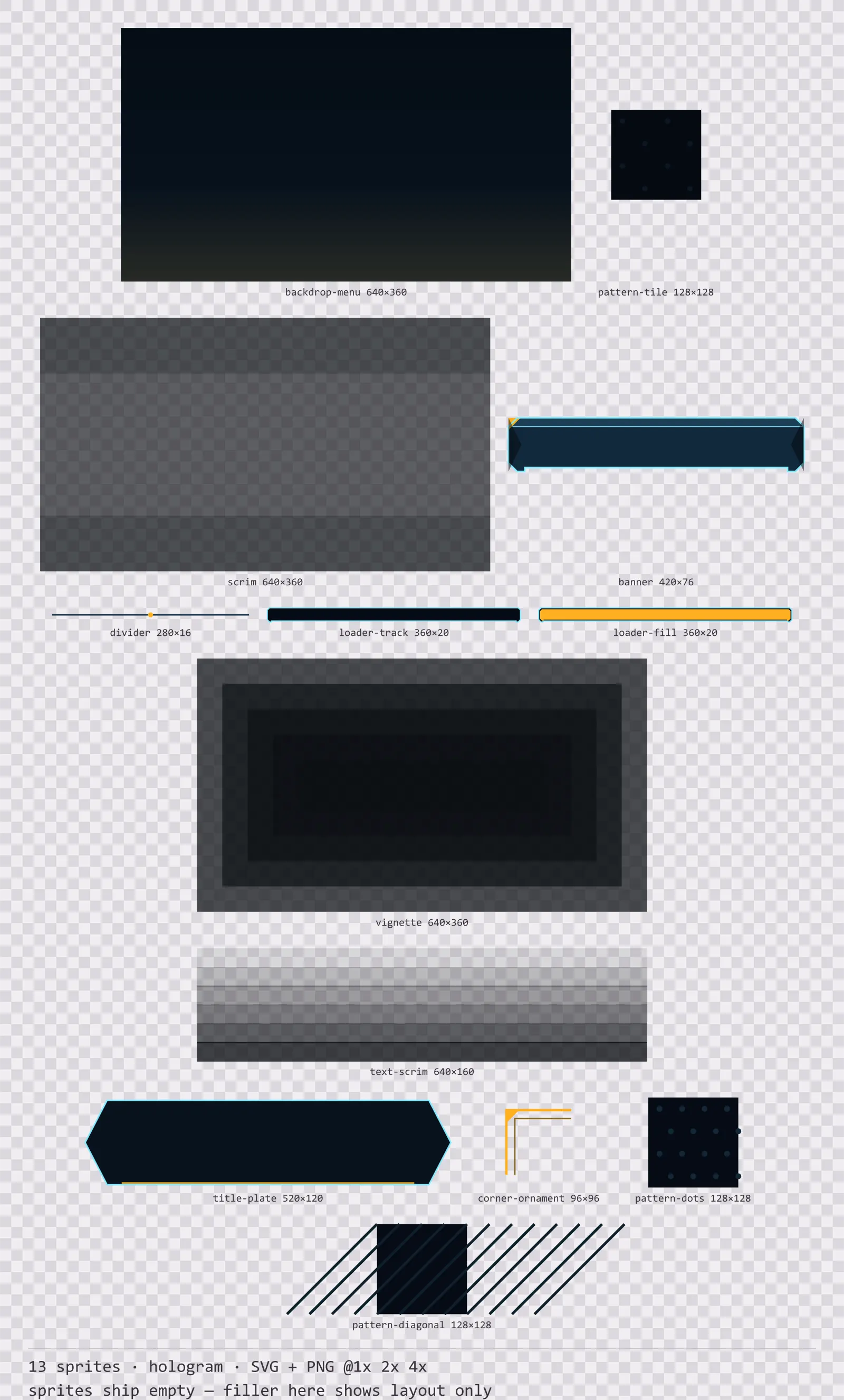 Sheet showing 13 hologram background and overlay pieces from the Hologrid family, arranged on a transparency checkerboard with their pixel sizes printed underneath