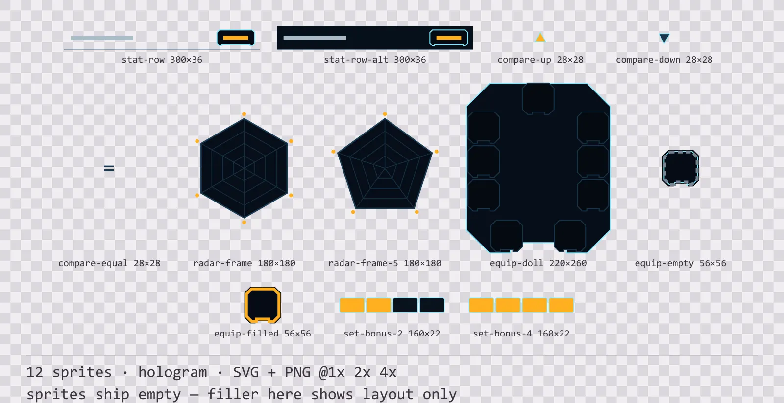 Sheet showing 12 hologram character sheet and stat widgets from the Hologrid family, arranged on a transparency checkerboard with their pixel sizes printed underneath