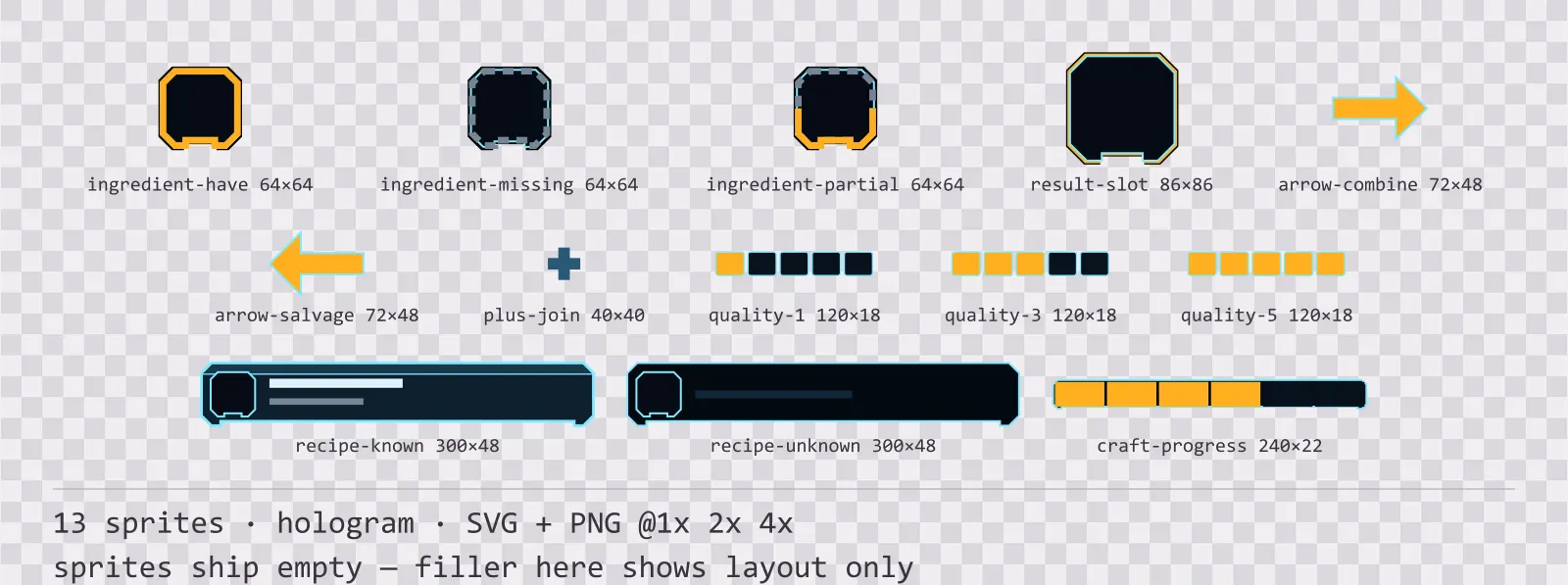 Sheet showing 13 hologram crafting and recipe widgets from the Hologrid family, arranged on a transparency checkerboard with their pixel sizes printed underneath
