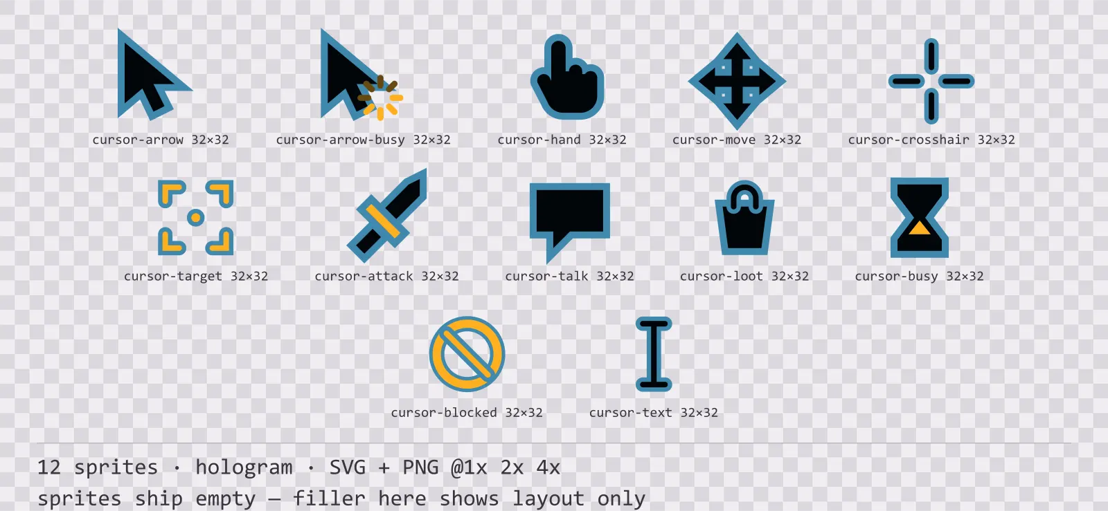 Sheet showing 12 hologram mouse cursors from the Hologrid family, arranged on a transparency checkerboard with their pixel sizes printed underneath