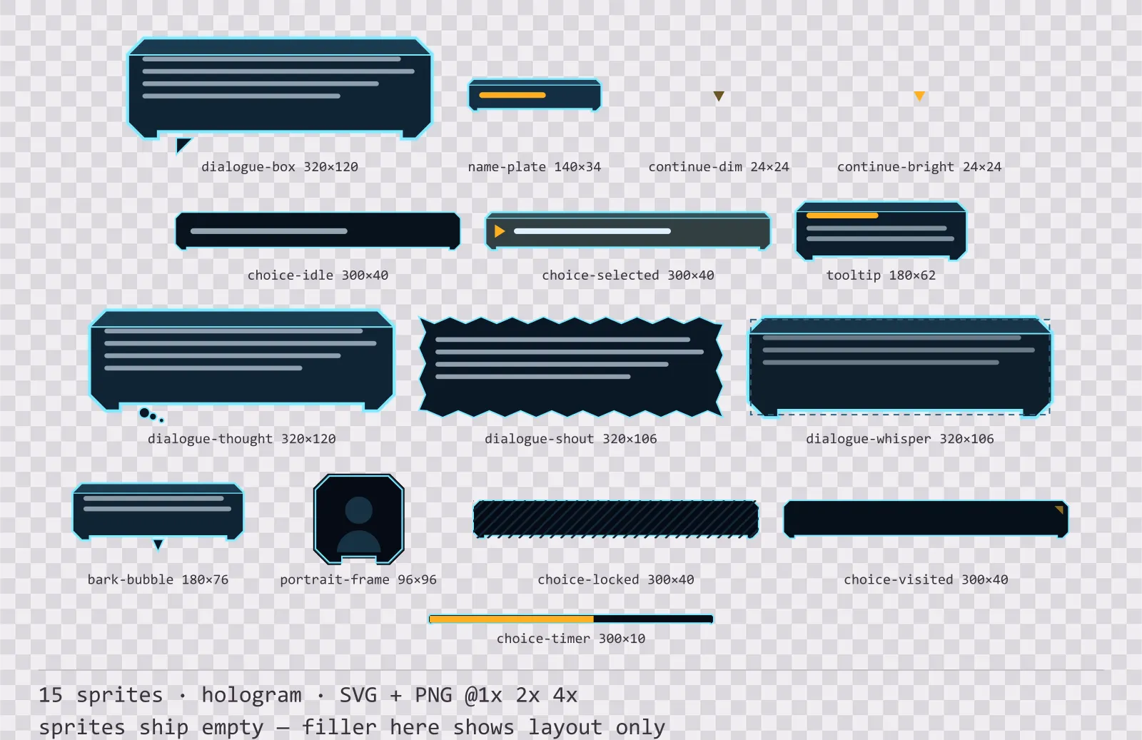 Sheet showing 15 hologram dialogue components from the Hologrid family, arranged on a transparency checkerboard with their pixel sizes printed underneath