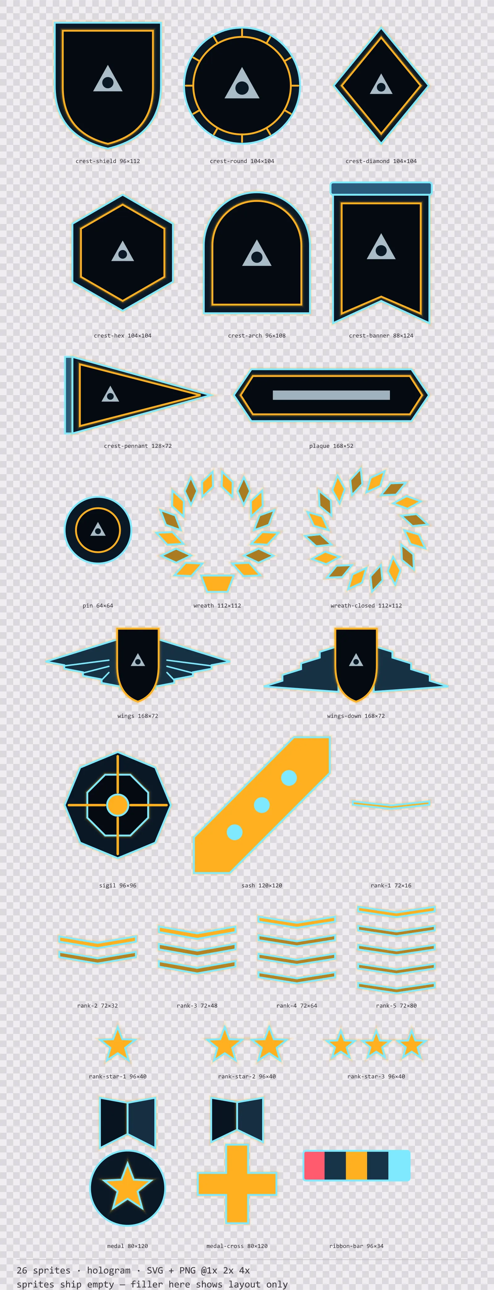 Sheet showing 26 hologram crests, insignia and rank marks from the Hologrid family, arranged on a transparency checkerboard with their pixel sizes printed underneath