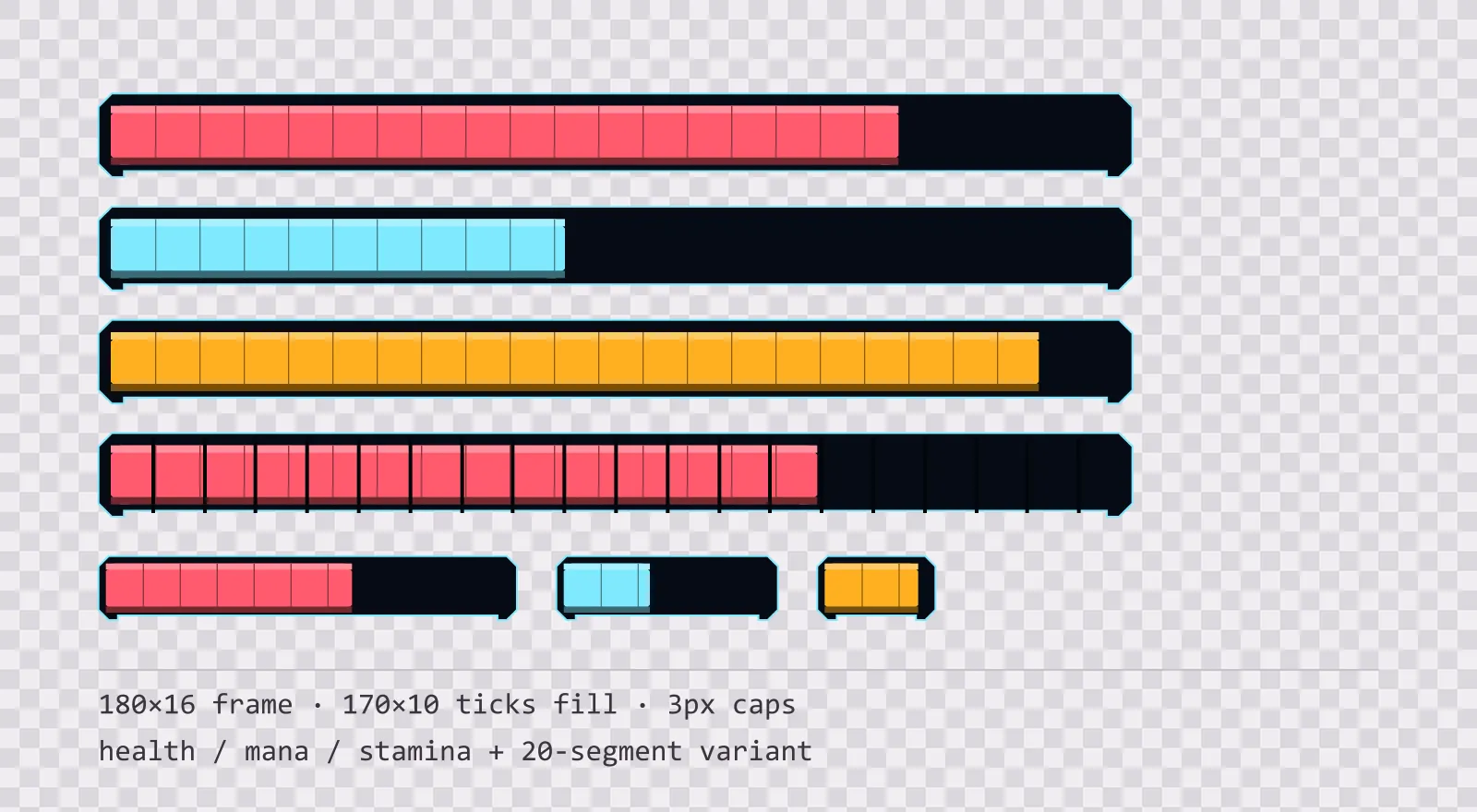 Three horizontal game status bars stacked on a checkerboard background, filled to different levels for health, mana and stamina, with a segmented 20-notch bar and three smaller bars beneath them
