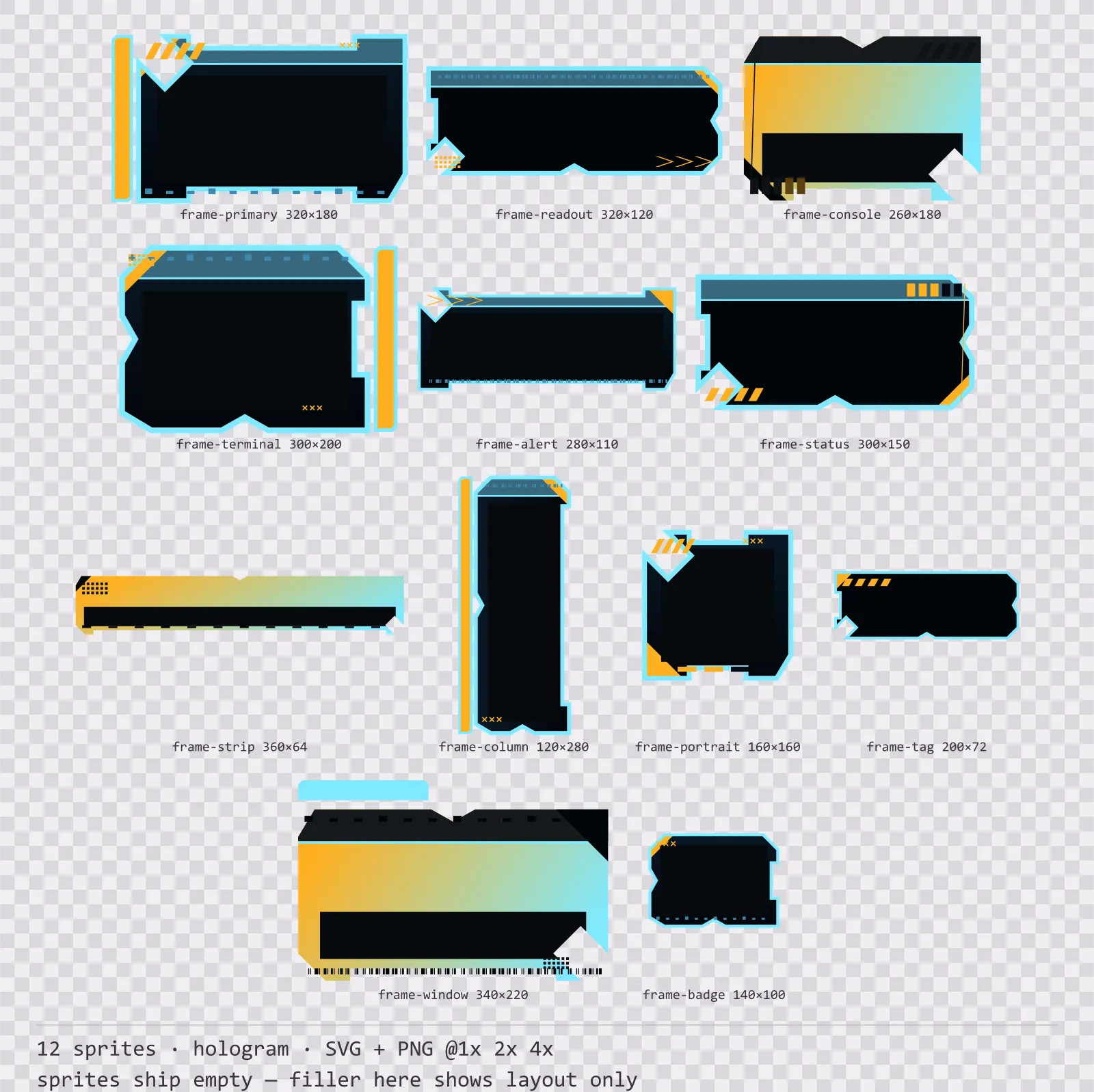 Sheet showing 12 hologram HUD frames from the Hologrid family, arranged on a transparency checkerboard with their pixel sizes printed underneath