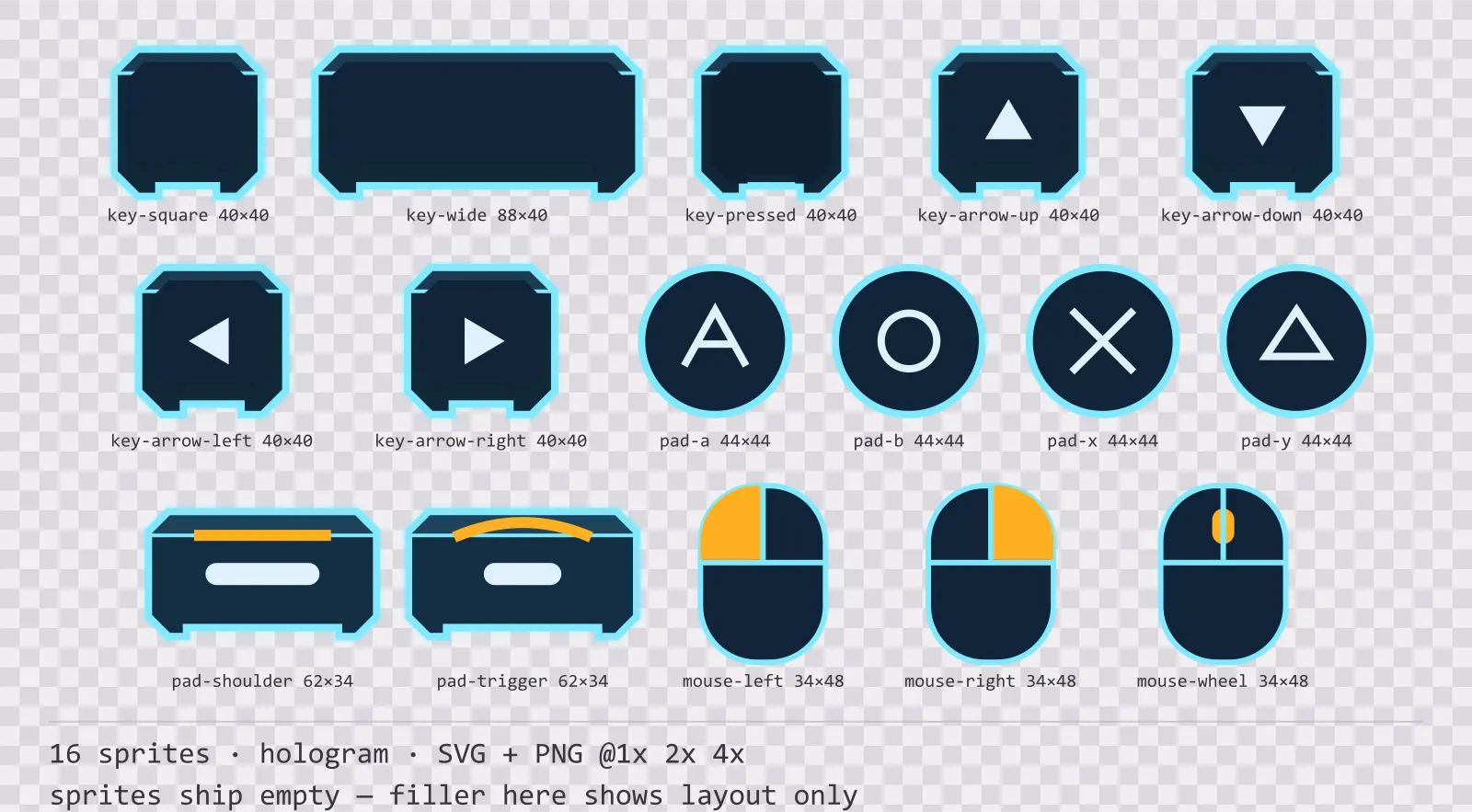 Sheet showing 16 hologram input prompt sprites from the Hologrid family, arranged on a transparency checkerboard with their pixel sizes printed underneath