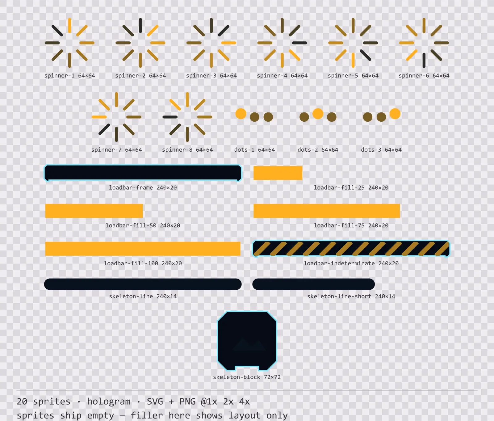 Sheet showing 20 hologram loading and waiting indicators from the Hologrid family, arranged on a transparency checkerboard with their pixel sizes printed underneath