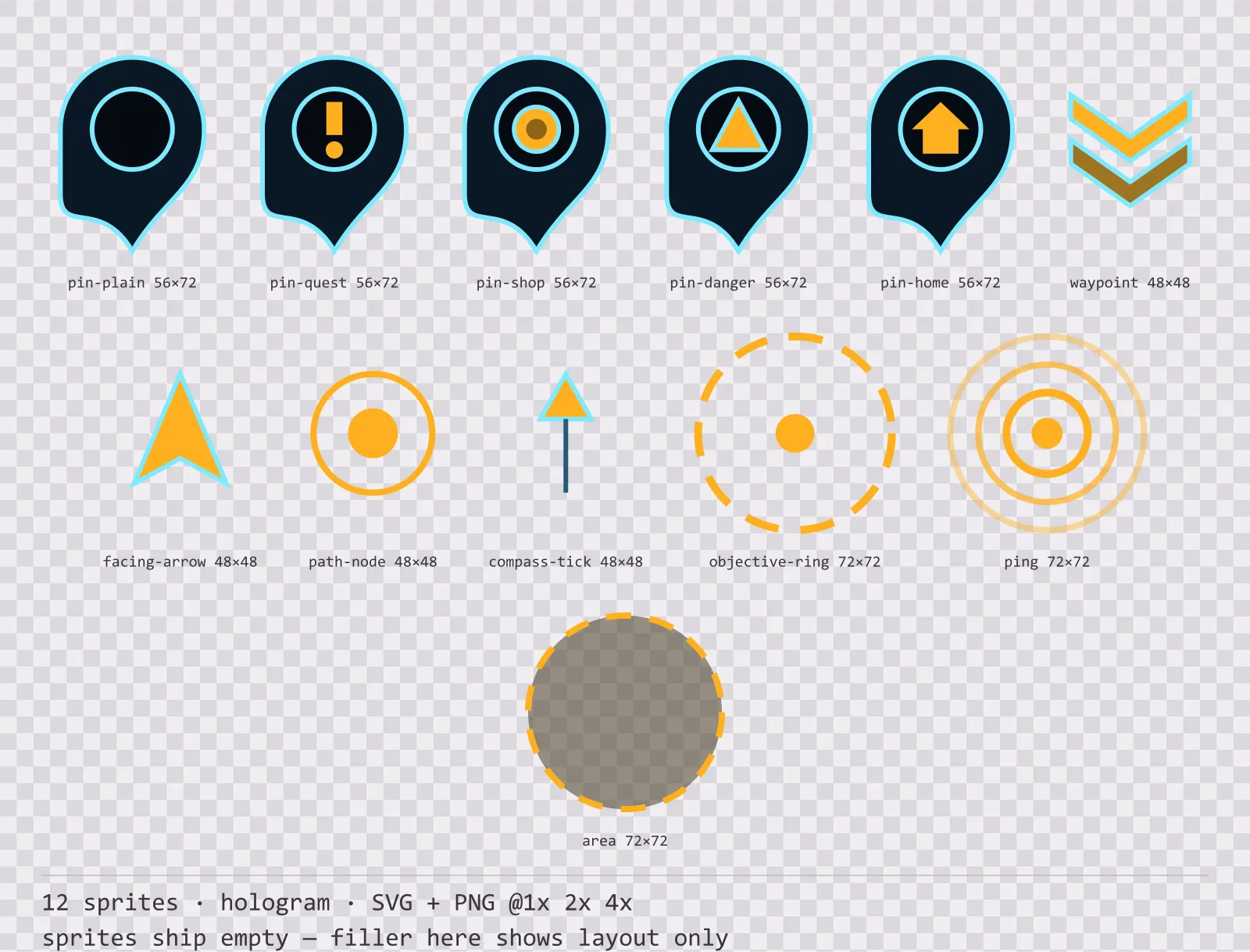 Sheet showing 12 hologram map markers and world indicators from the Hologrid family, arranged on a transparency checkerboard with their pixel sizes printed underneath