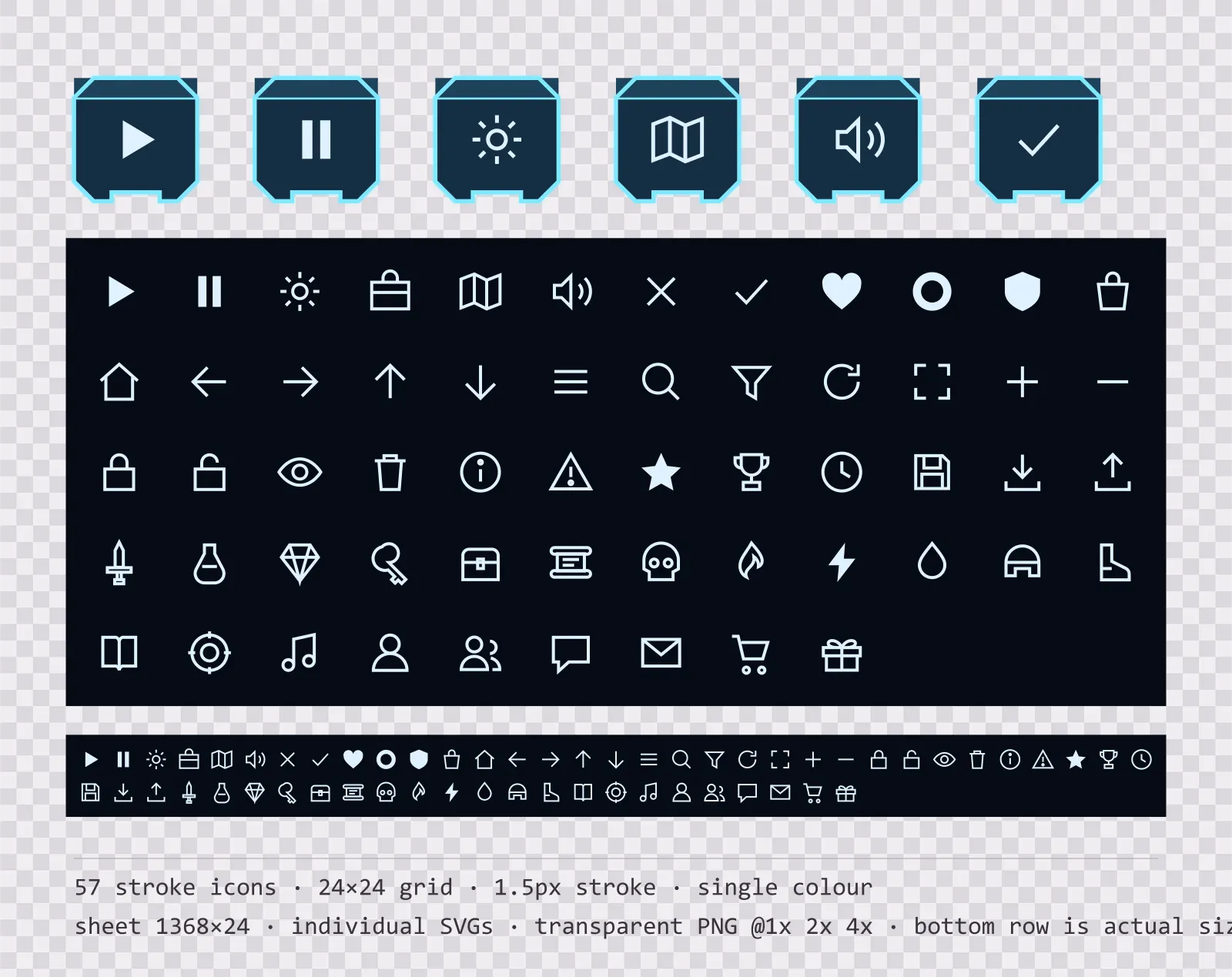 57 outlined game menu icons on projected light tiles, shown large, laid out on a sheet grid, and again at actual 24 pixel size