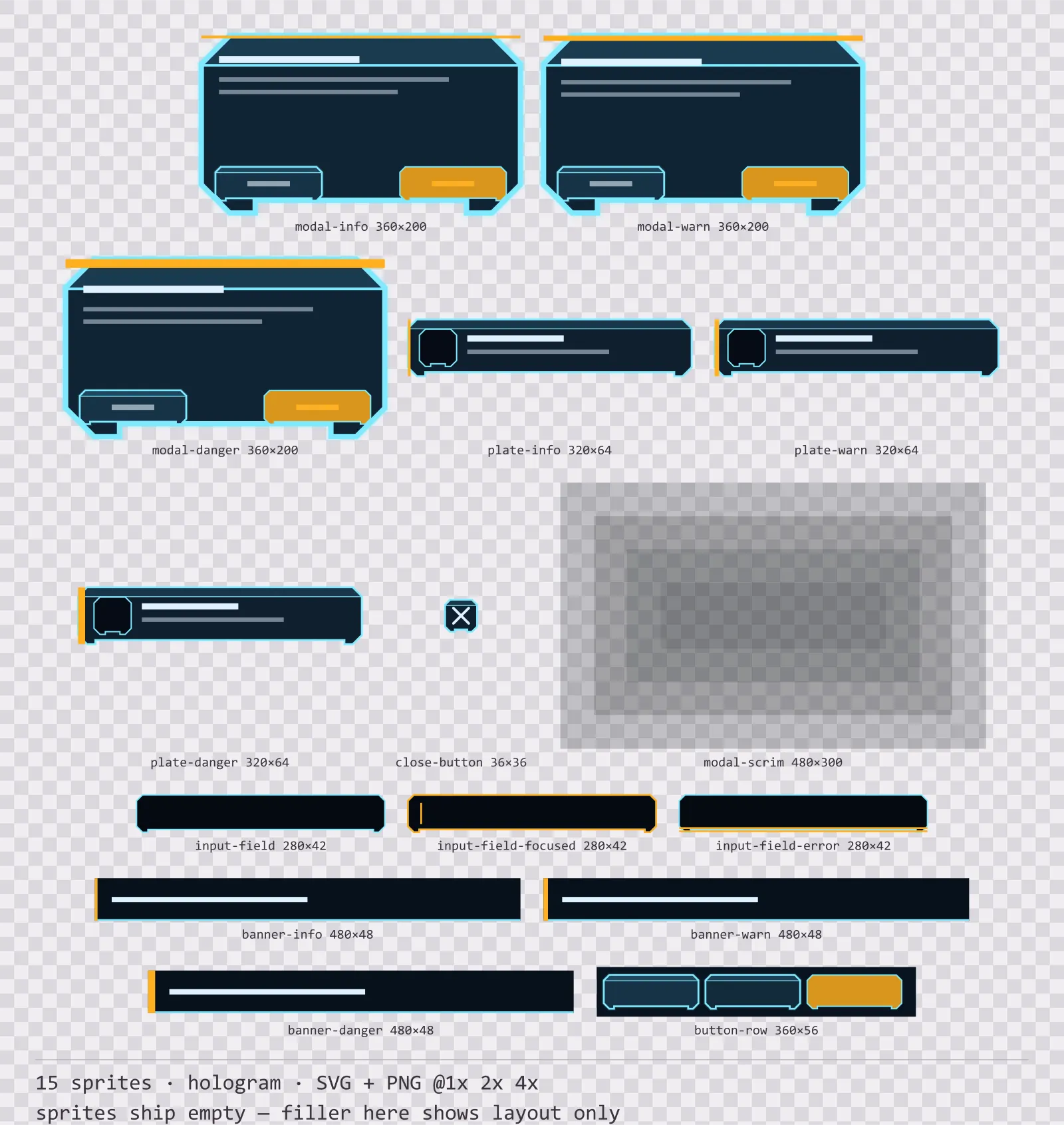 Sheet showing 15 hologram modal dialogs and system notices from the Hologrid family, arranged on a transparency checkerboard with their pixel sizes printed underneath
