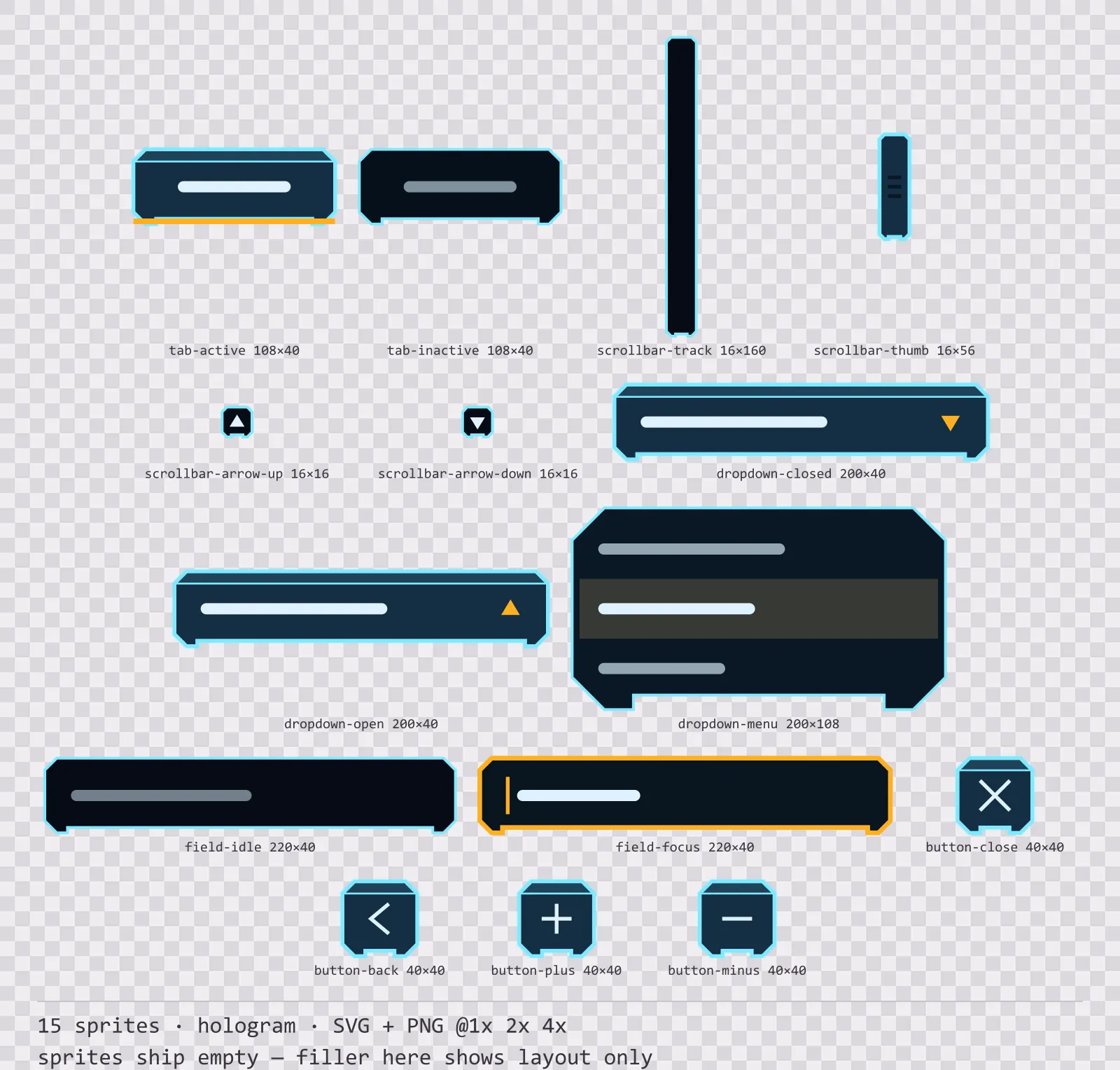 Sheet showing 15 hologram navigation and input components from the Hologrid family, arranged on a transparency checkerboard with their pixel sizes printed underneath