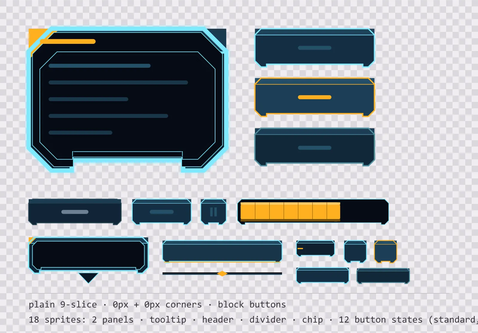 projected light game menu panel with a signal amber title strip and a recessed list area, next to a column showing the same square button in default, outlined hover and pushed-in pressed states