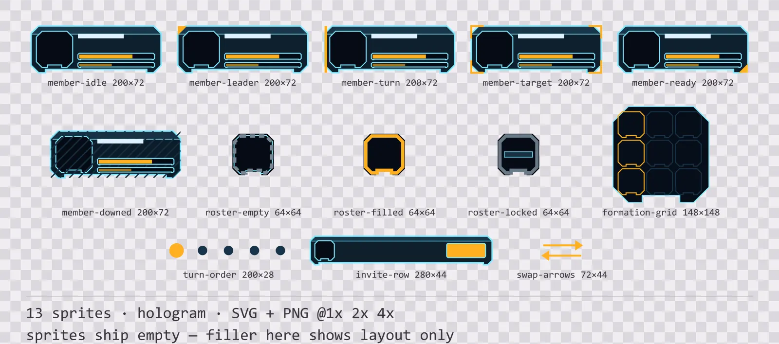 Sheet showing 13 hologram party and roster widgets from the Hologrid family, arranged on a transparency checkerboard with their pixel sizes printed underneath