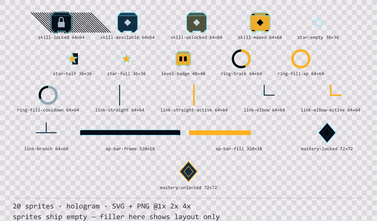 Sheet showing 20 hologram progression and reward components from the Hologrid family, arranged on a transparency checkerboard with their pixel sizes printed underneath