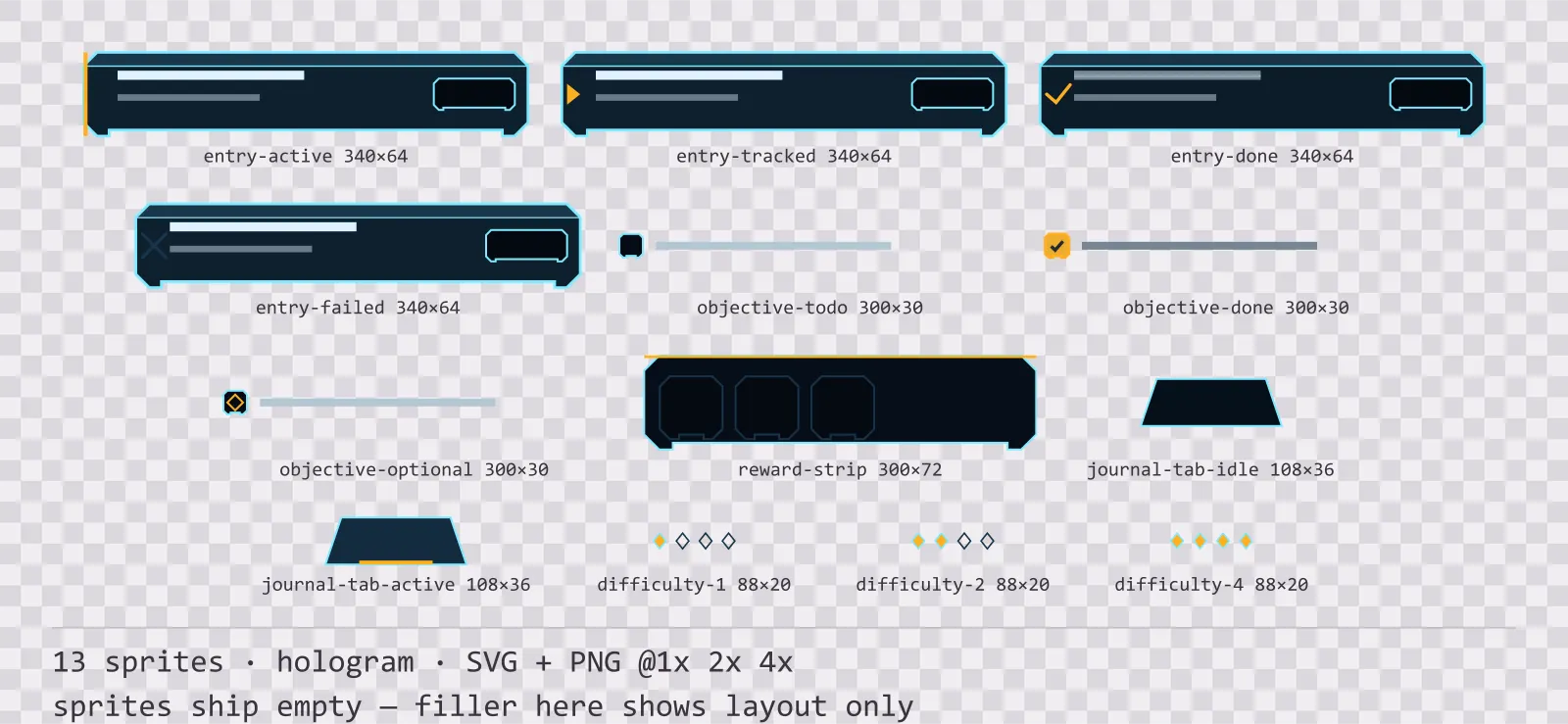 Sheet showing 13 hologram quest log and objective widgets from the Hologrid family, arranged on a transparency checkerboard with their pixel sizes printed underneath