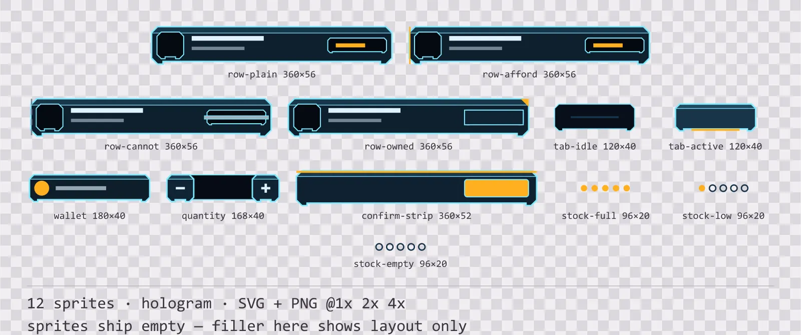 Sheet showing 12 hologram shop and economy widgets from the Hologrid family, arranged on a transparency checkerboard with their pixel sizes printed underneath