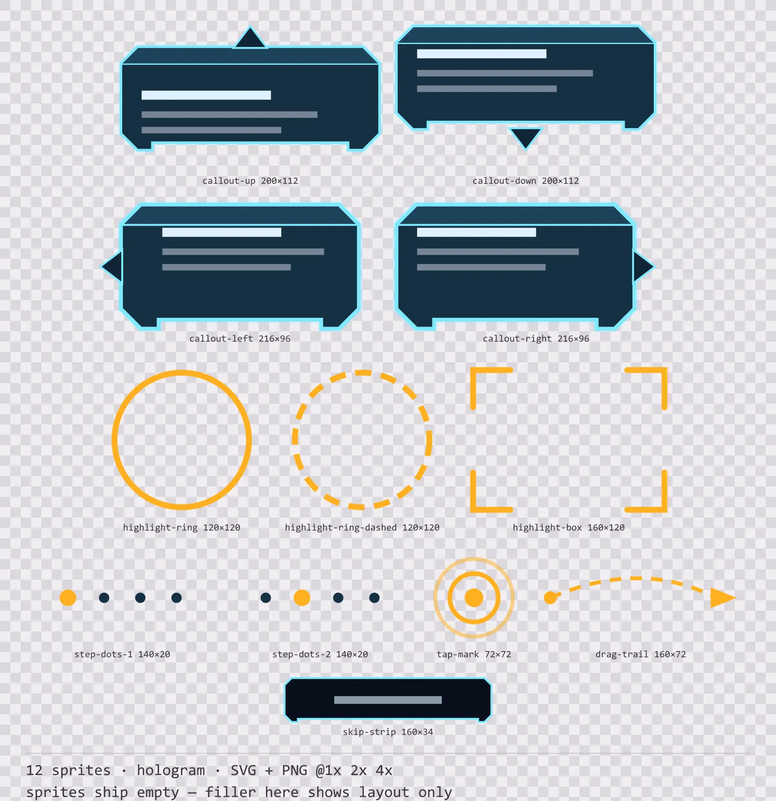 Sheet showing 12 hologram tutorial and onboarding markers from the Hologrid family, arranged on a transparency checkerboard with their pixel sizes printed underneath