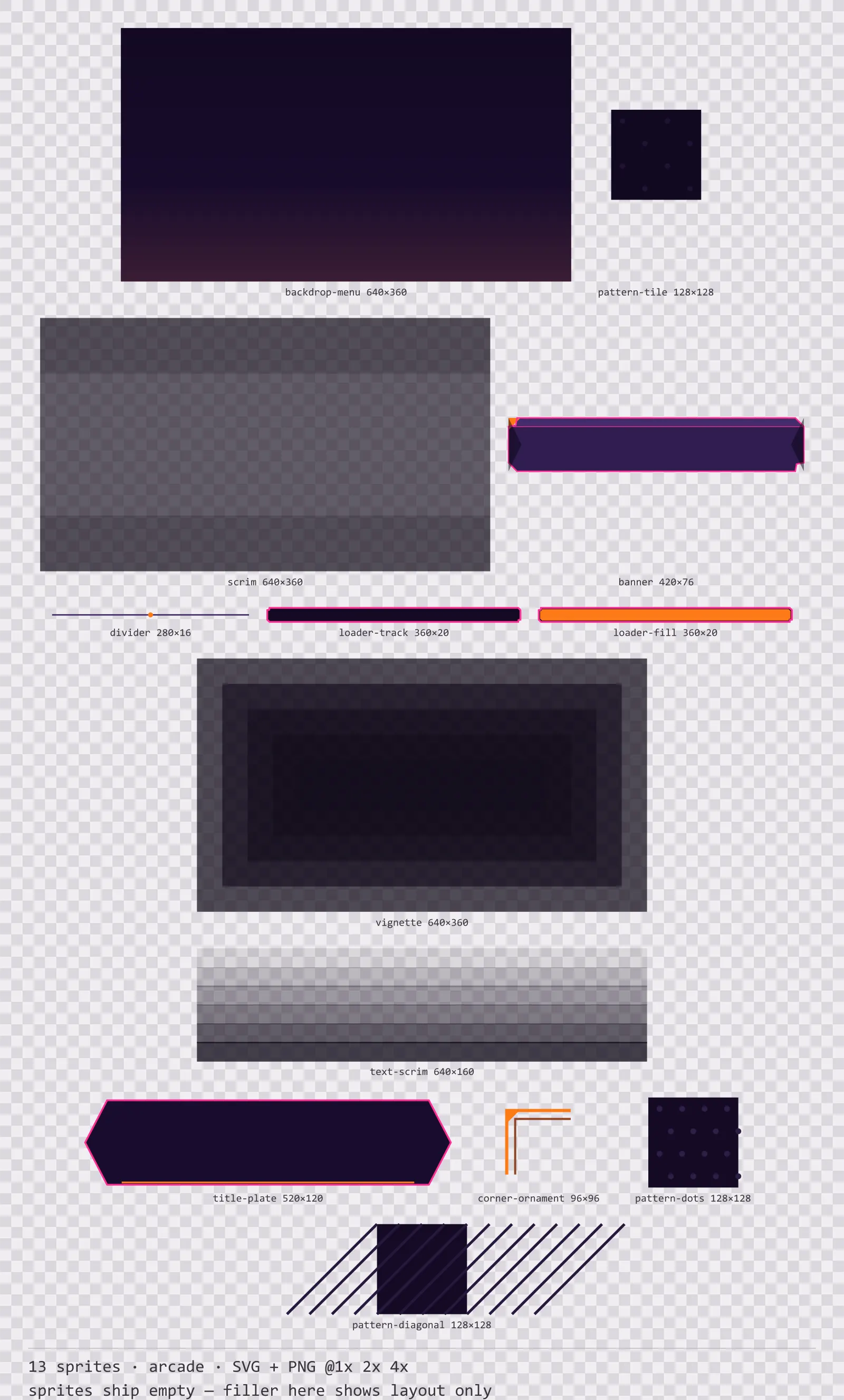 Sheet showing 13 arcade background and overlay pieces from the Hyperlane family, arranged on a transparency checkerboard with their pixel sizes printed underneath