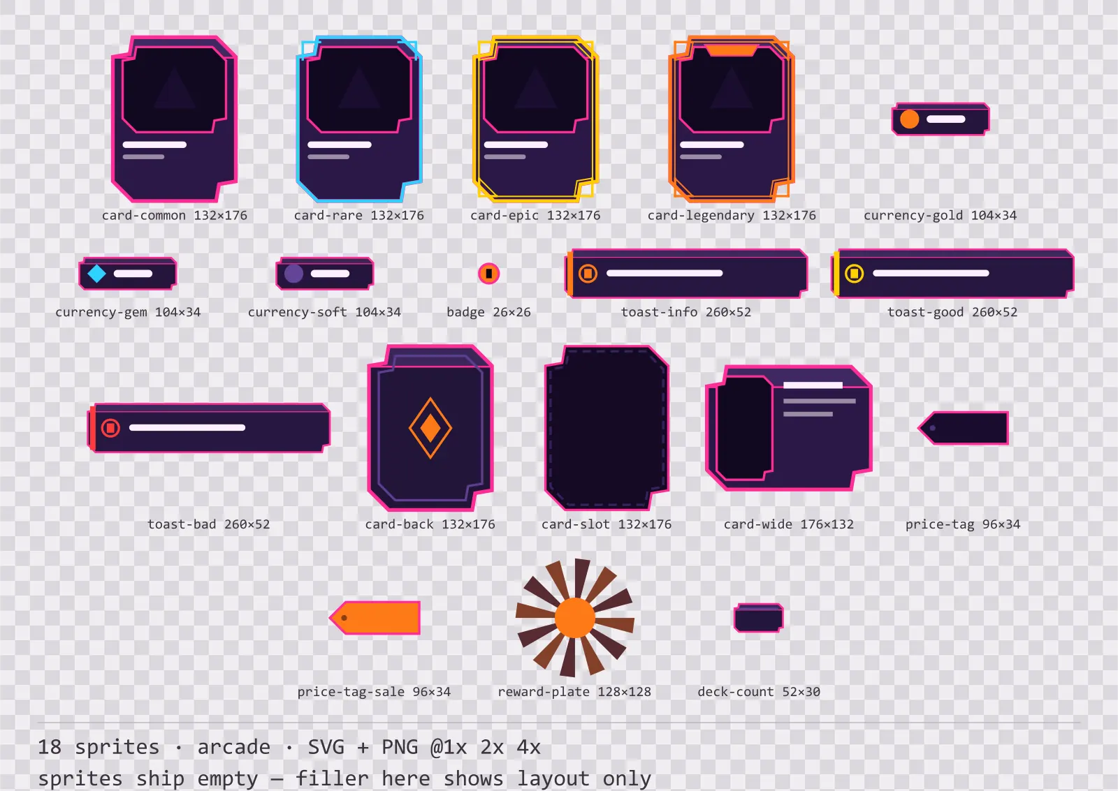Sheet showing 18 arcade card, currency and notification components from the Hyperlane family, arranged on a transparency checkerboard with their pixel sizes printed underneath