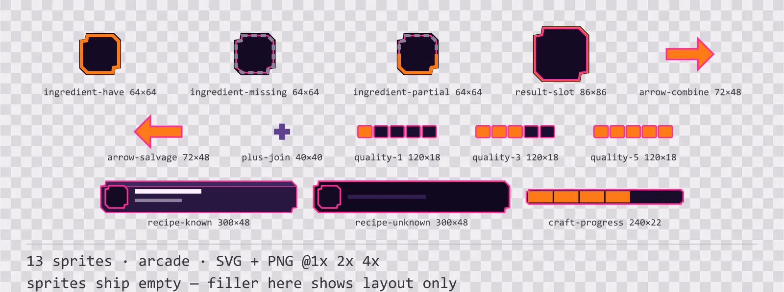 Sheet showing 13 arcade crafting and recipe widgets from the Hyperlane family, arranged on a transparency checkerboard with their pixel sizes printed underneath