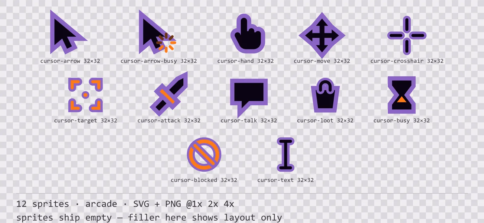 Sheet showing 12 arcade mouse cursors from the Hyperlane family, arranged on a transparency checkerboard with their pixel sizes printed underneath