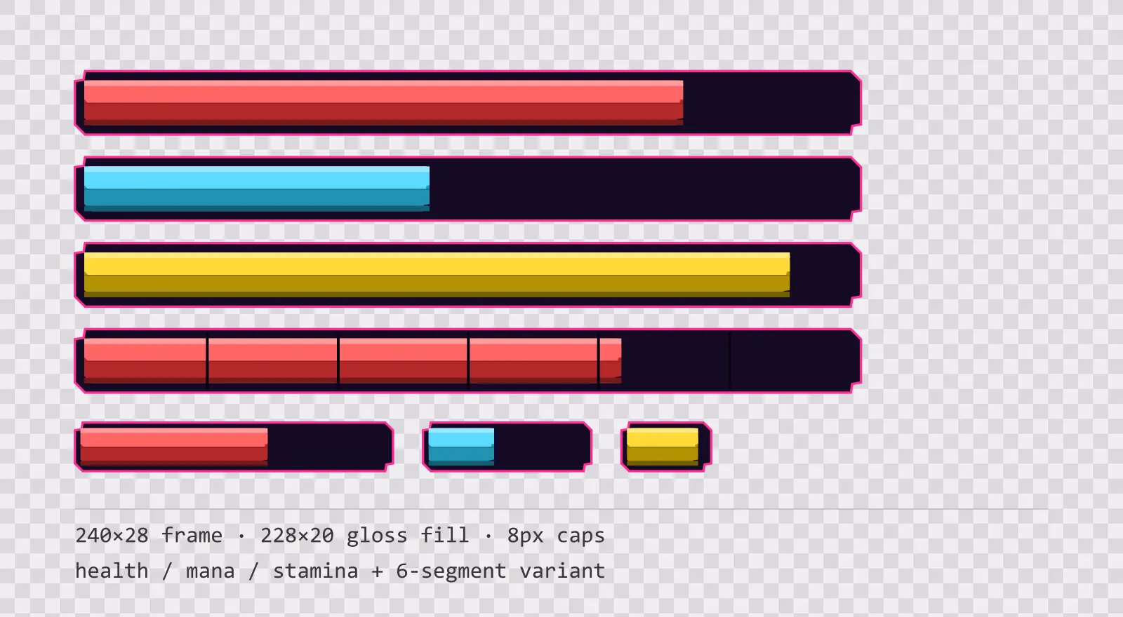 Three horizontal game status bars stacked on a checkerboard background, filled to different levels for health, mana and stamina, with a segmented 6-notch bar and three smaller bars beneath them