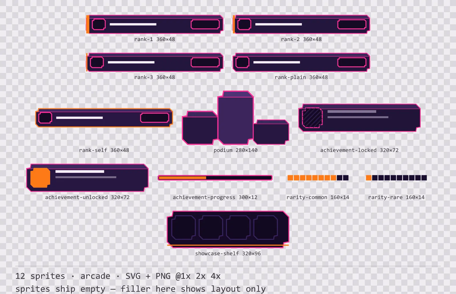 Sheet showing 12 arcade leaderboard and achievement widgets from the Hyperlane family, arranged on a transparency checkerboard with their pixel sizes printed underneath