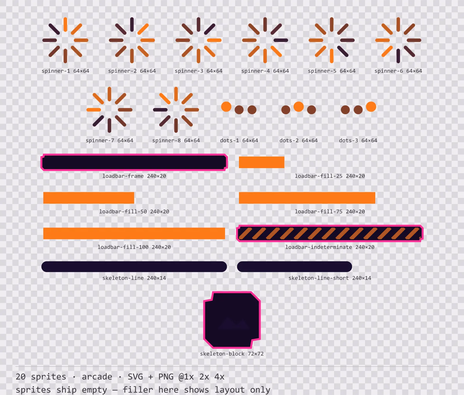 Sheet showing 20 arcade loading and waiting indicators from the Hyperlane family, arranged on a transparency checkerboard with their pixel sizes printed underneath