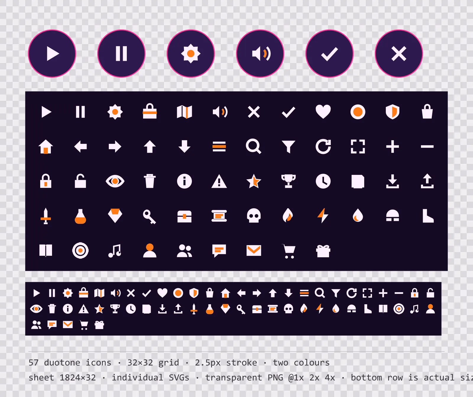 57 two-tone game menu icons on arcade speed tiles, shown large, laid out on a sheet grid, and again at actual 32 pixel size