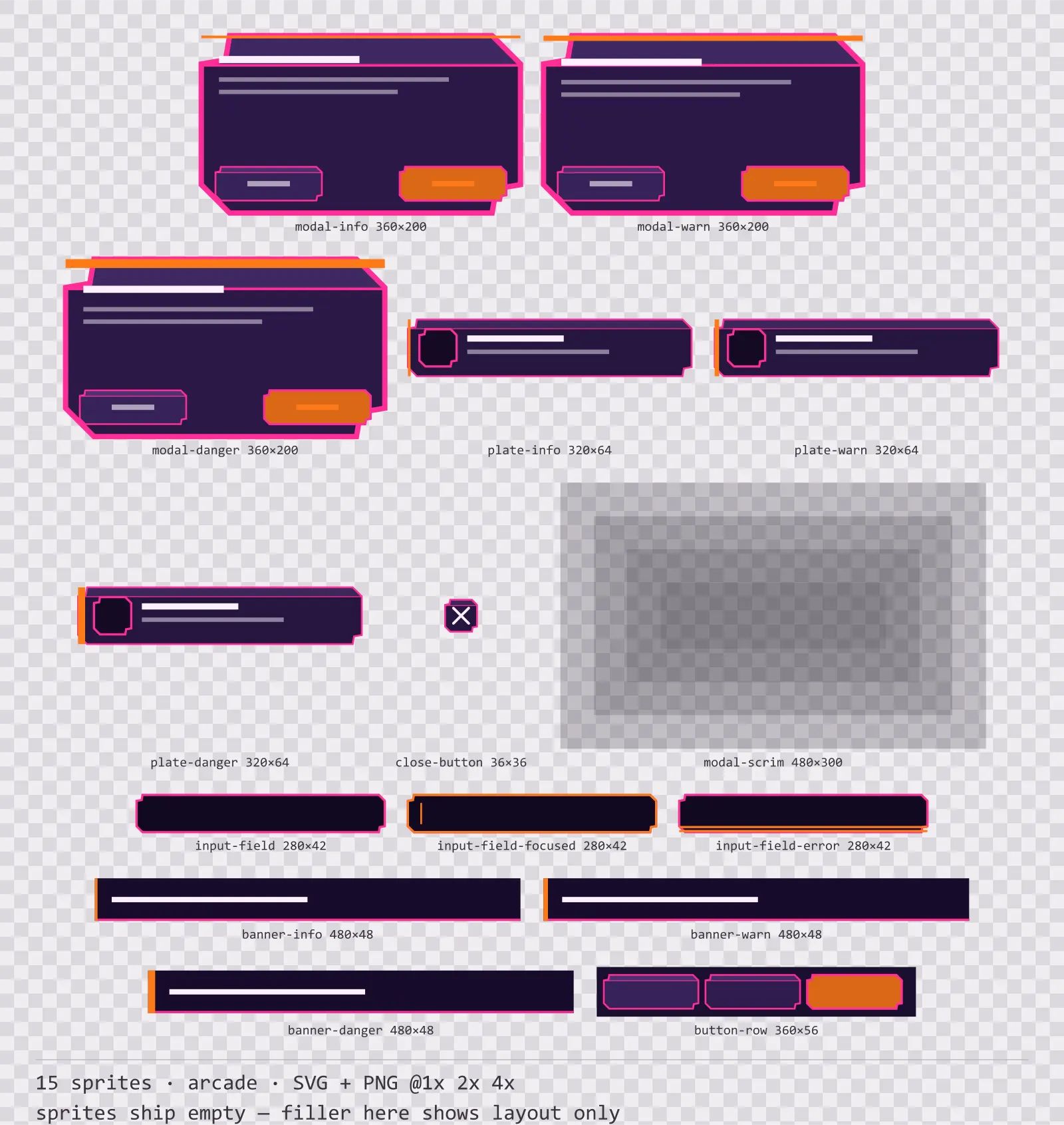 Sheet showing 15 arcade modal dialogs and system notices from the Hyperlane family, arranged on a transparency checkerboard with their pixel sizes printed underneath