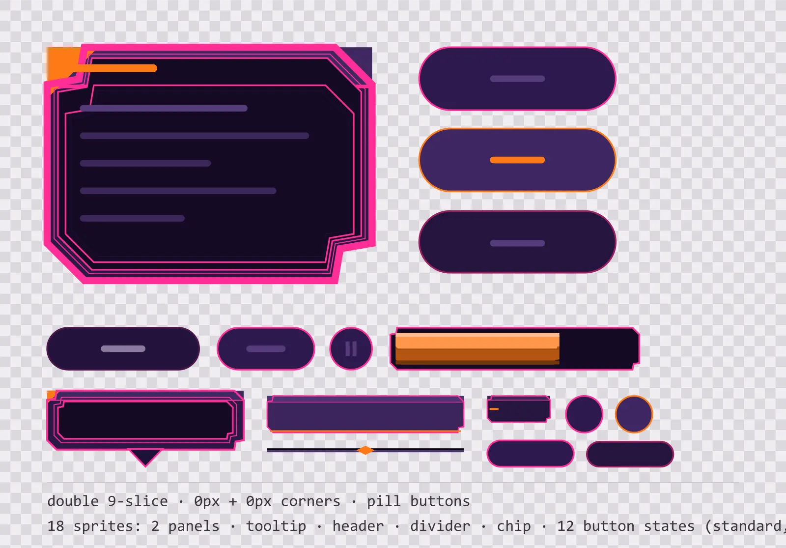 arcade speed game menu panel with a sunset orange title strip and a recessed list area, next to a column showing the same pill button in default, outlined hover and pushed-in pressed states