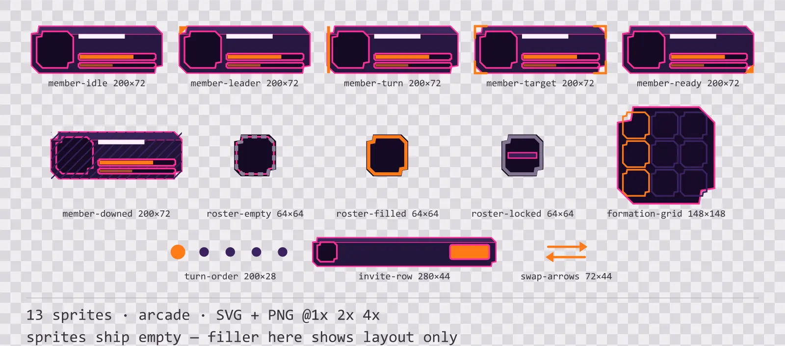 Sheet showing 13 arcade party and roster widgets from the Hyperlane family, arranged on a transparency checkerboard with their pixel sizes printed underneath