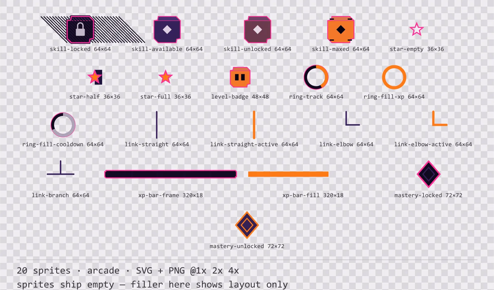 Sheet showing 20 arcade progression and reward components from the Hyperlane family, arranged on a transparency checkerboard with their pixel sizes printed underneath