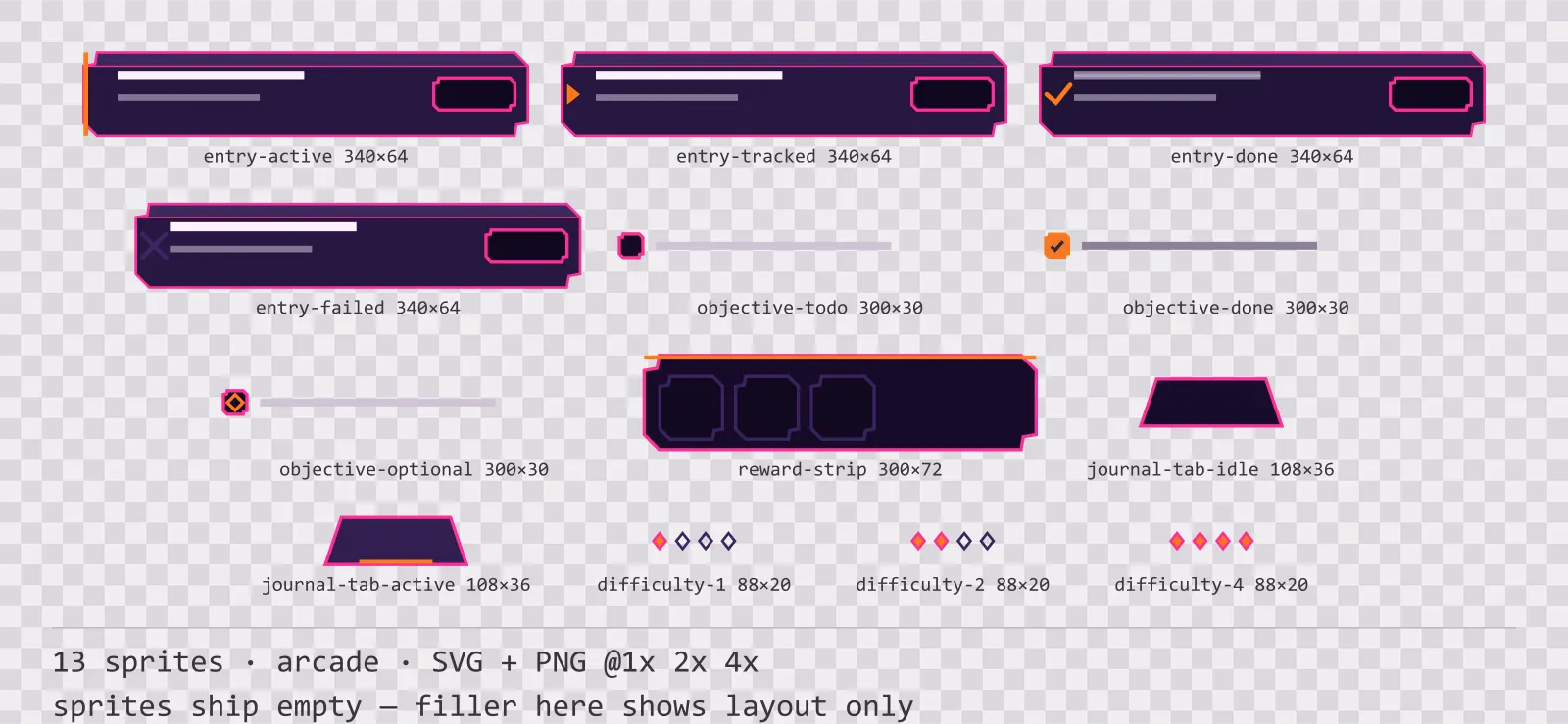Sheet showing 13 arcade quest log and objective widgets from the Hyperlane family, arranged on a transparency checkerboard with their pixel sizes printed underneath