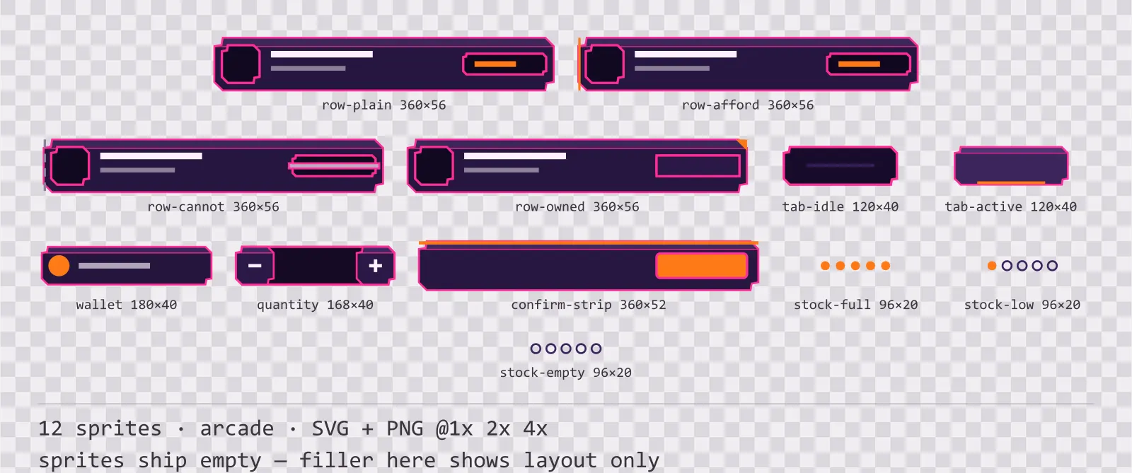 Sheet showing 12 arcade shop and economy widgets from the Hyperlane family, arranged on a transparency checkerboard with their pixel sizes printed underneath