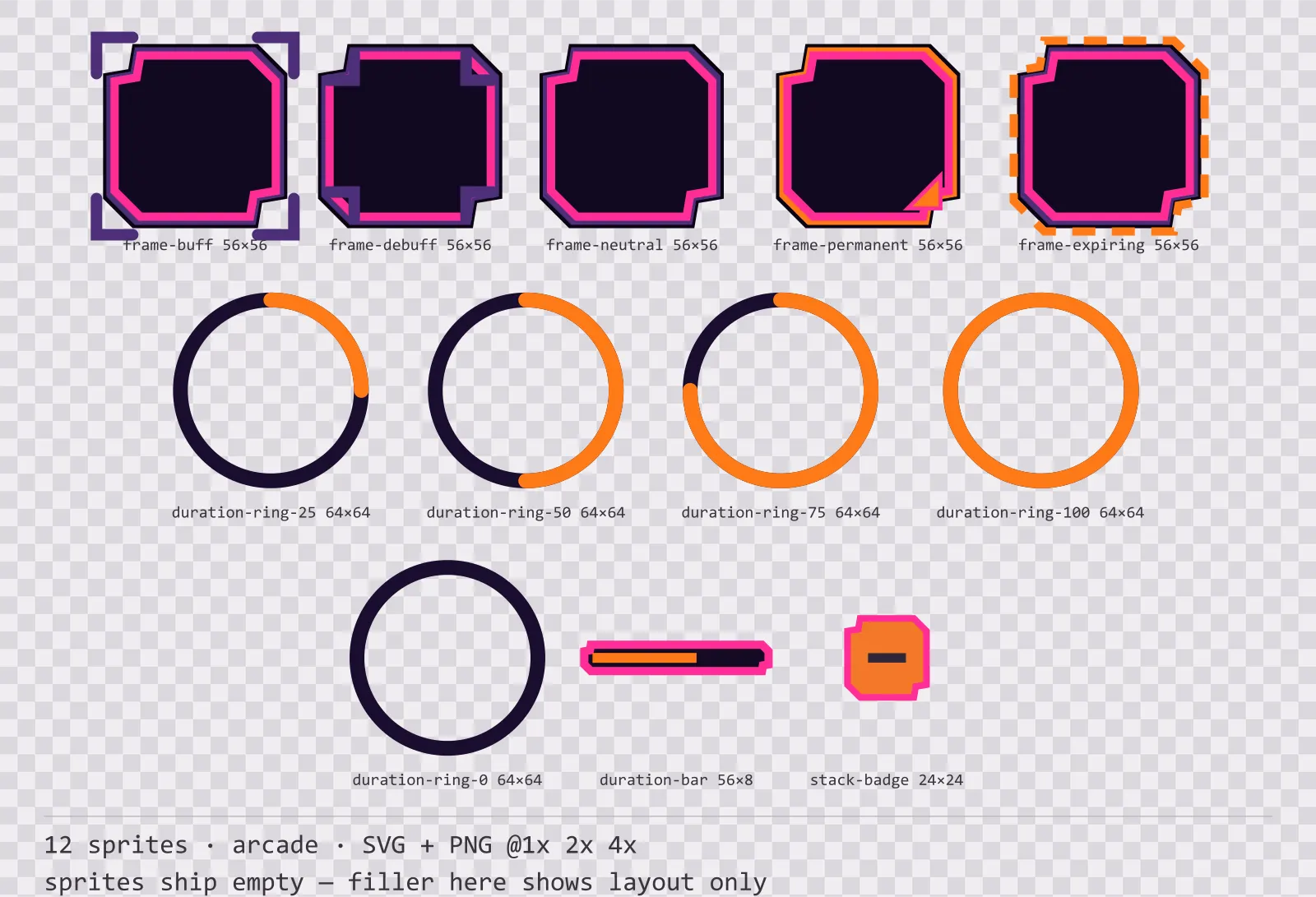 Sheet showing 12 arcade status effect frames and duration indicators from the Hyperlane family, arranged on a transparency checkerboard with their pixel sizes printed underneath