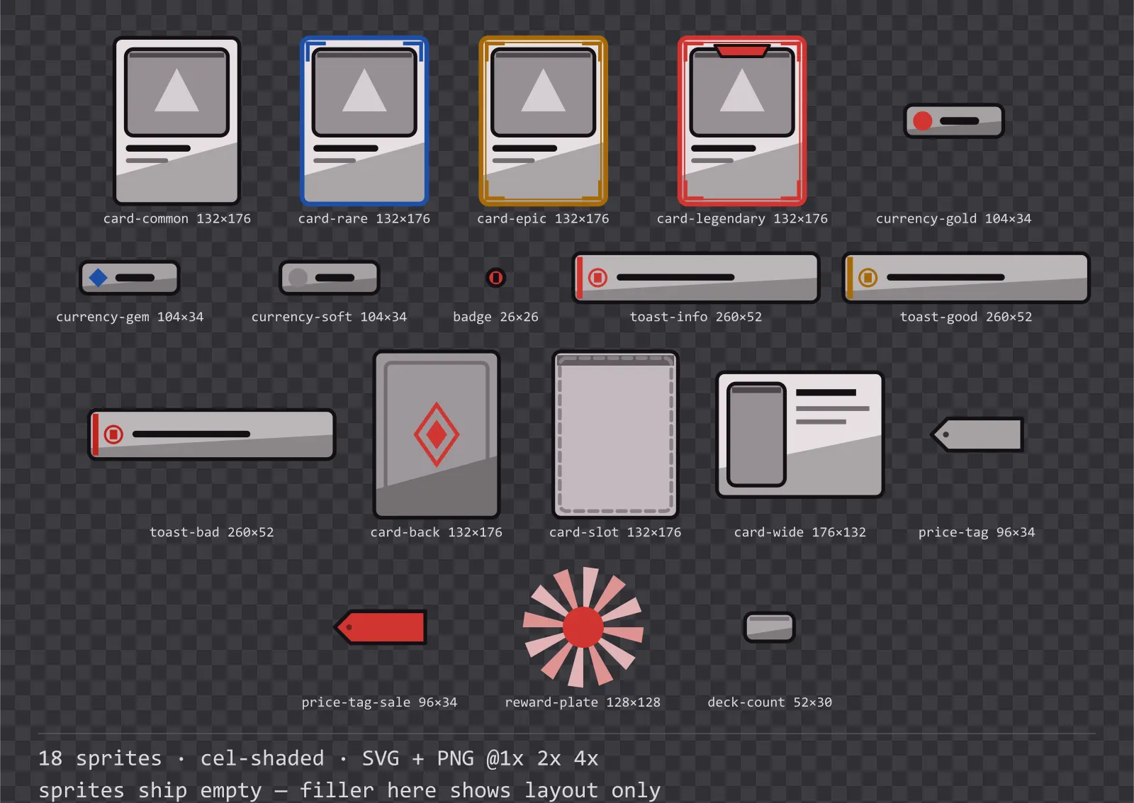 Sheet showing 18 cel-shaded card, currency and notification components from the Inkwell family, arranged on a transparency checkerboard with their pixel sizes printed underneath