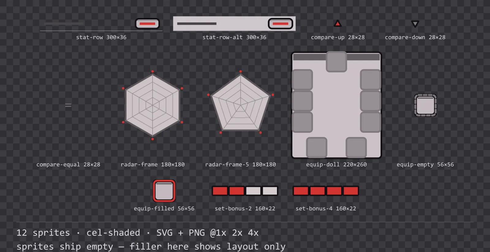 Sheet showing 12 cel-shaded character sheet and stat widgets from the Inkwell family, arranged on a transparency checkerboard with their pixel sizes printed underneath