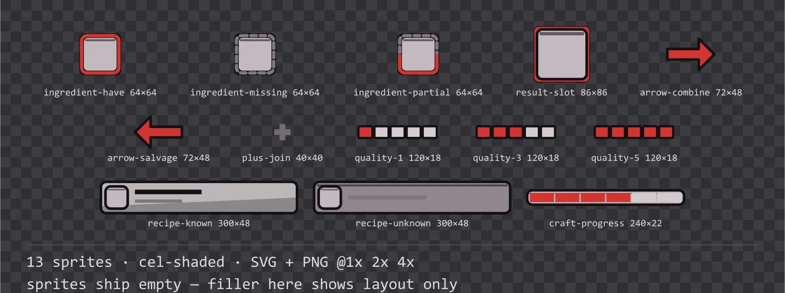 Sheet showing 13 cel-shaded crafting and recipe widgets from the Inkwell family, arranged on a transparency checkerboard with their pixel sizes printed underneath