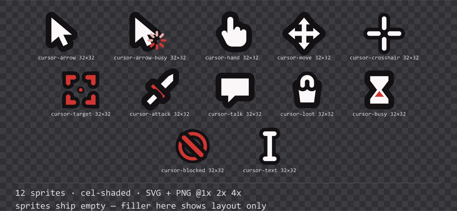 Sheet showing 12 cel-shaded mouse cursors from the Inkwell family, arranged on a transparency checkerboard with their pixel sizes printed underneath