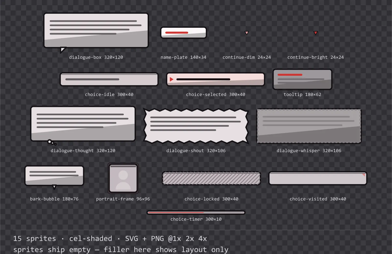 Sheet showing 15 cel-shaded dialogue components from the Inkwell family, arranged on a transparency checkerboard with their pixel sizes printed underneath
