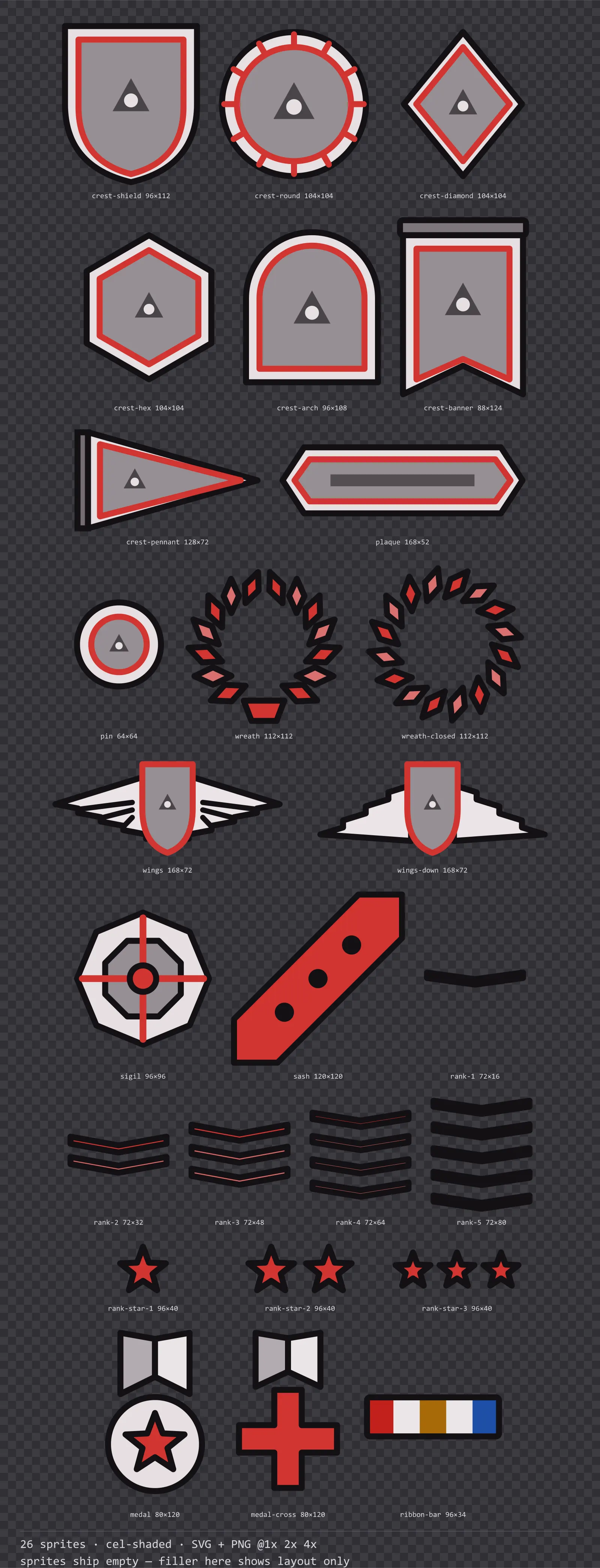 Sheet showing 26 cel-shaded crests, insignia and rank marks from the Inkwell family, arranged on a transparency checkerboard with their pixel sizes printed underneath