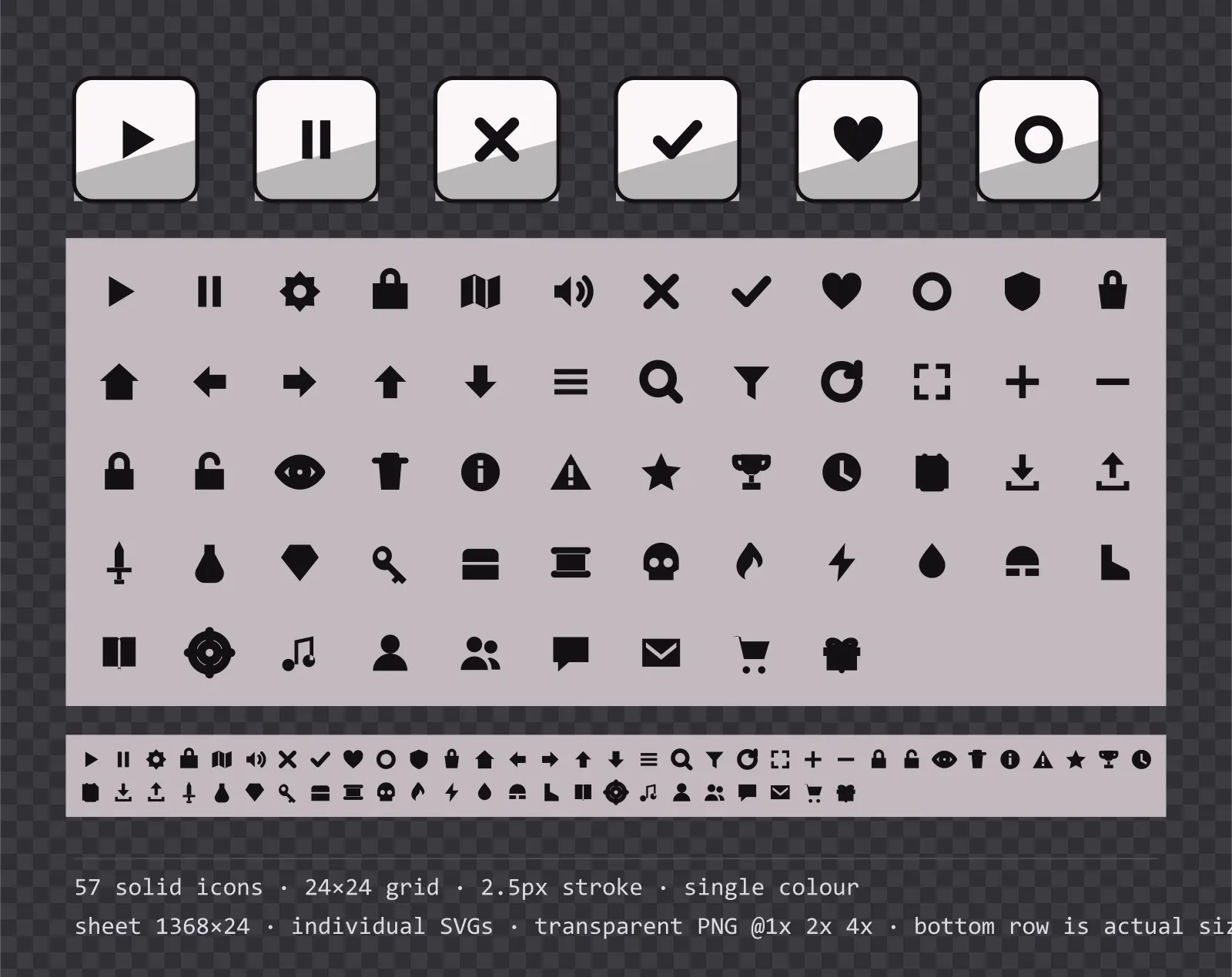 57 solid game menu icons on inked comic tiles, shown large, laid out on a sheet grid, and again at actual 24 pixel size