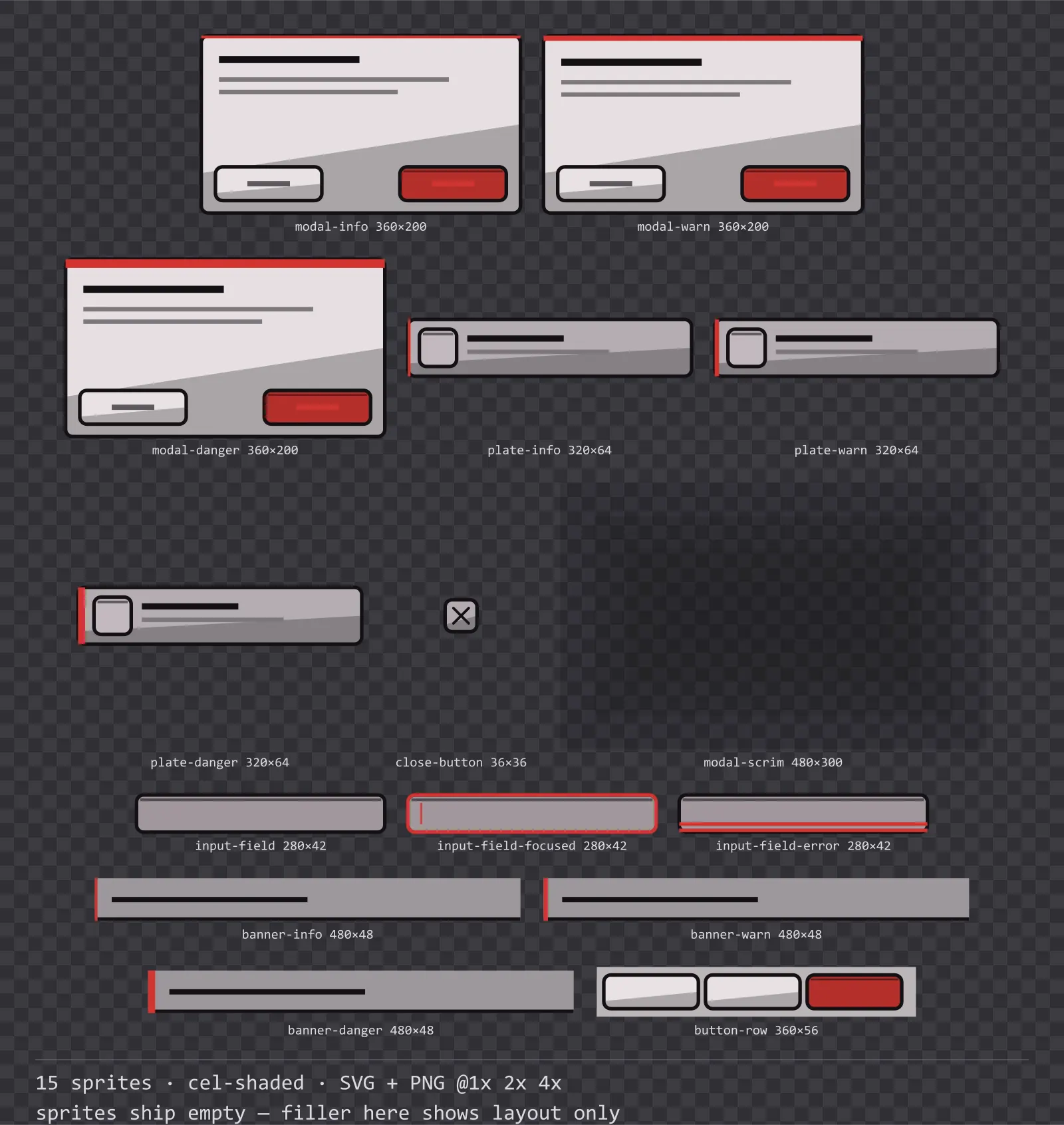 Sheet showing 15 cel-shaded modal dialogs and system notices from the Inkwell family, arranged on a transparency checkerboard with their pixel sizes printed underneath