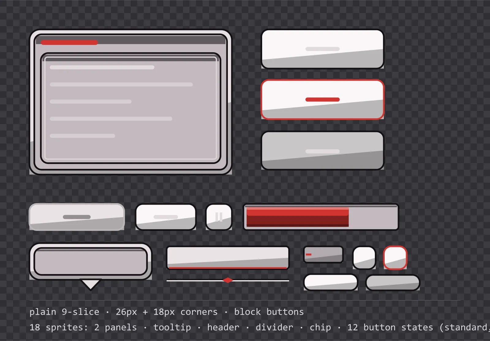 inked comic game menu panel with a signal red title strip and a recessed list area, next to a column showing the same square button in default, outlined hover and pushed-in pressed states