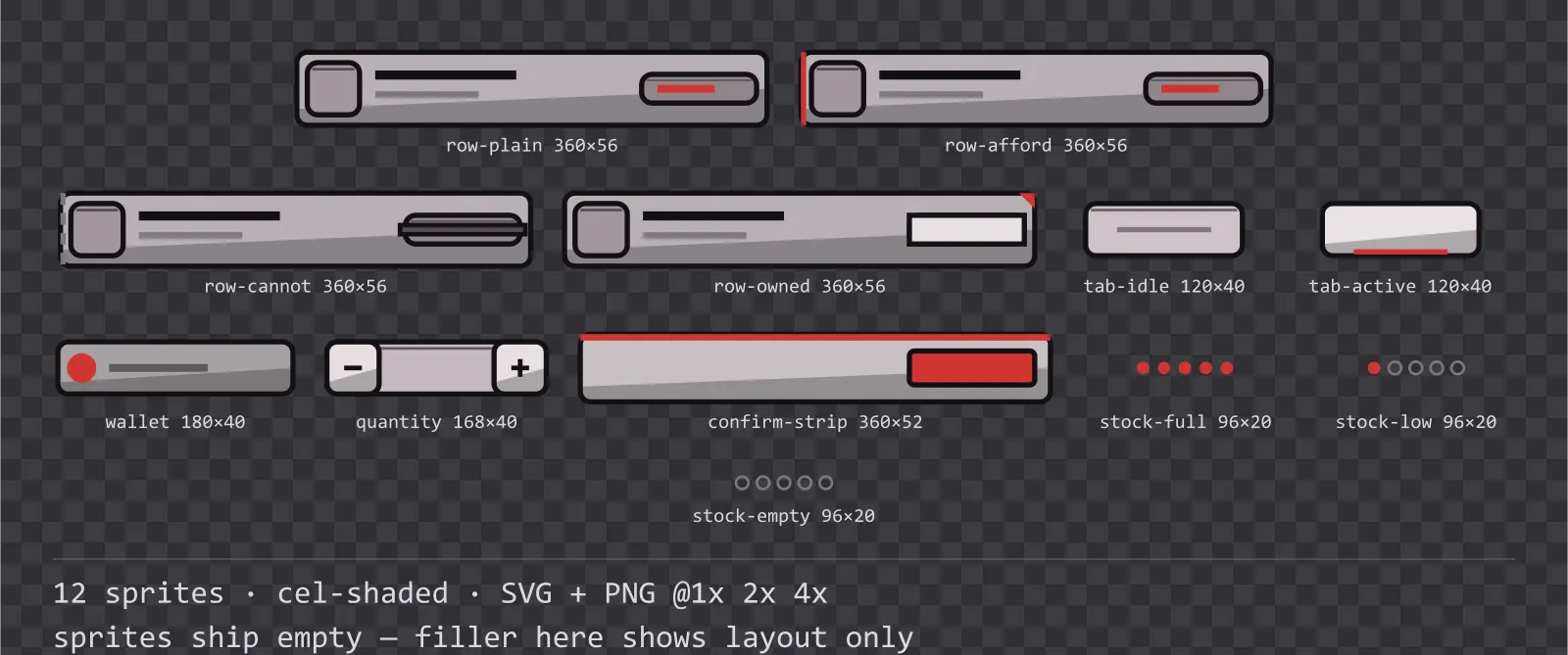 Sheet showing 12 cel-shaded shop and economy widgets from the Inkwell family, arranged on a transparency checkerboard with their pixel sizes printed underneath