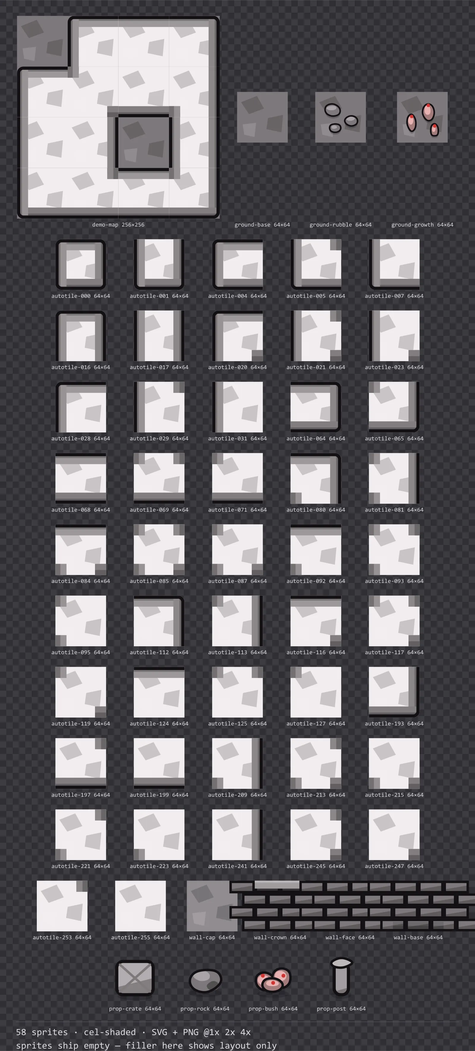 Sheet showing 58 cel-shaded tiles from the Inkwell family, arranged on a transparency checkerboard with their pixel sizes printed underneath