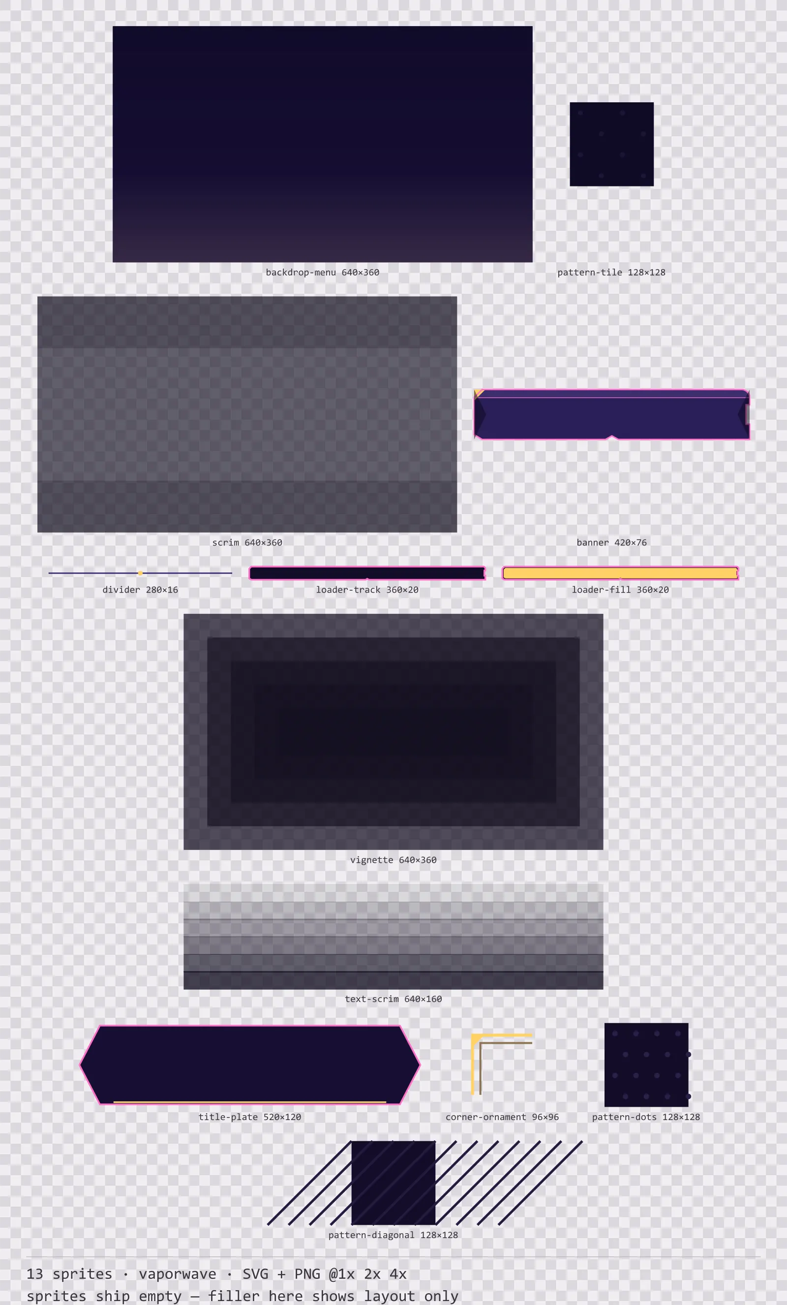Sheet showing 13 vaporwave background and overlay pieces from the Mallwave family, arranged on a transparency checkerboard with their pixel sizes printed underneath
