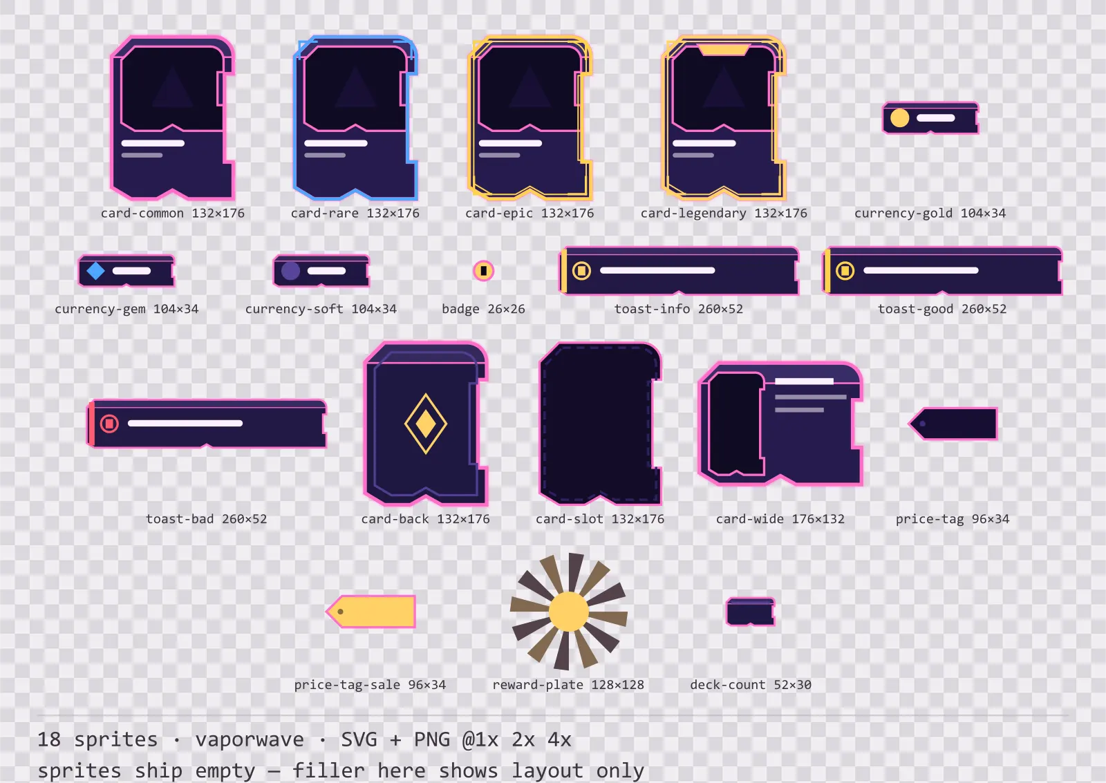 Sheet showing 18 vaporwave card, currency and notification components from the Mallwave family, arranged on a transparency checkerboard with their pixel sizes printed underneath